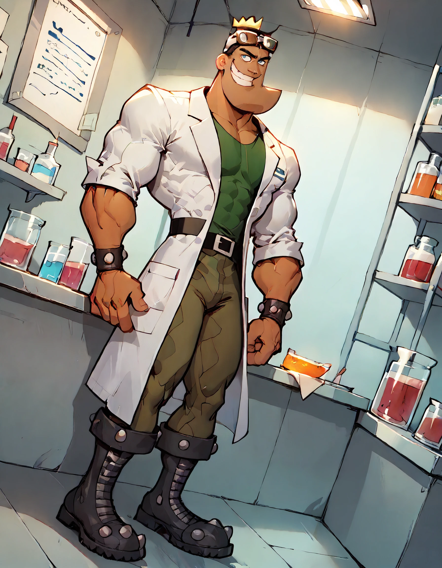 score_9, score_8_up, score_7_up, jorgen, a man mixing potions in a lab, wearing a lab coat and goggles, dutch angle, full-length portrait, maniacal grin