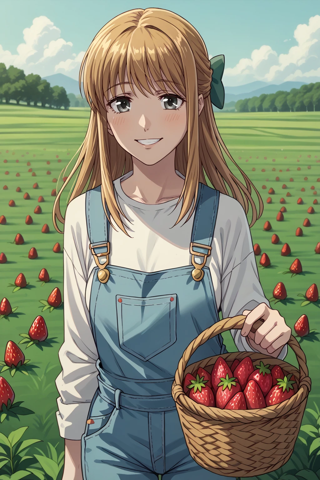 score_9, score_8_up, <lora:NSRitsuFrusket:1> NSRitsuFrusket, grey eyes, medium hair, half updo, green hair ribbon, light brown hair, pink overalls, strawberry pattern, basket, outdoors, strawberry field, happy