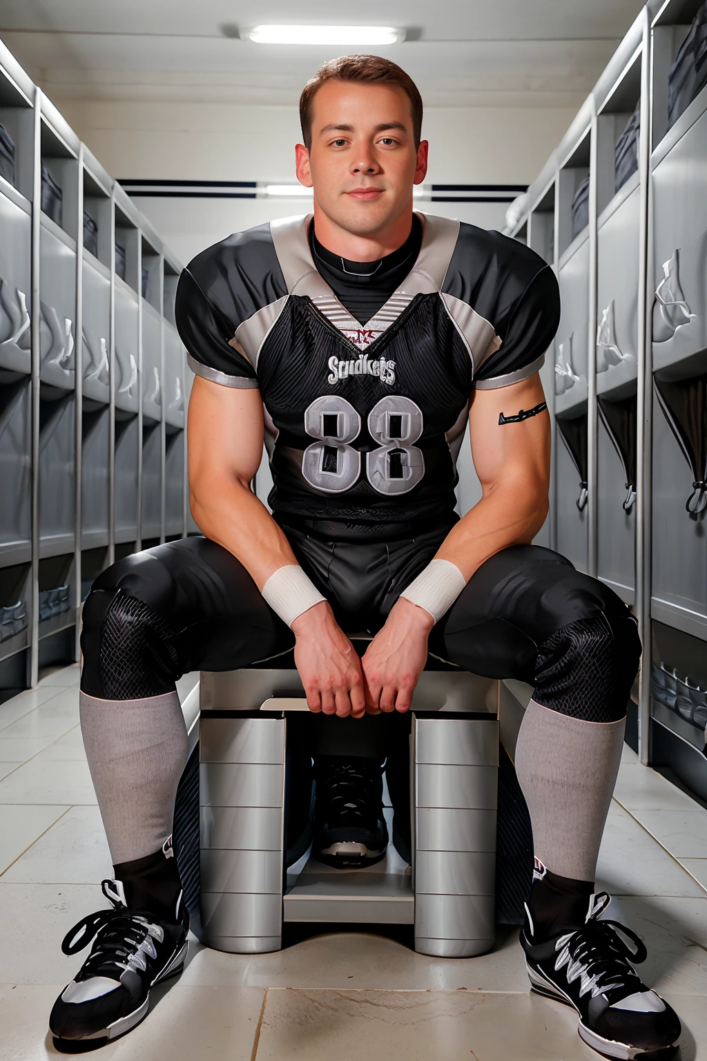 locker room, sitting on a bench, in front of lockers, slightly smiling, MarkLong is an (American football player), wearing football uniform, (pale silver jersey:1.3), (pale silver shoulder pads), jersey number 88, (black football pants:1.3), (pale silver socks:1.4), long socks, (black sneakers:1.5), (((full body portrait))), wide angle  <lora:MarkLong:0.8>