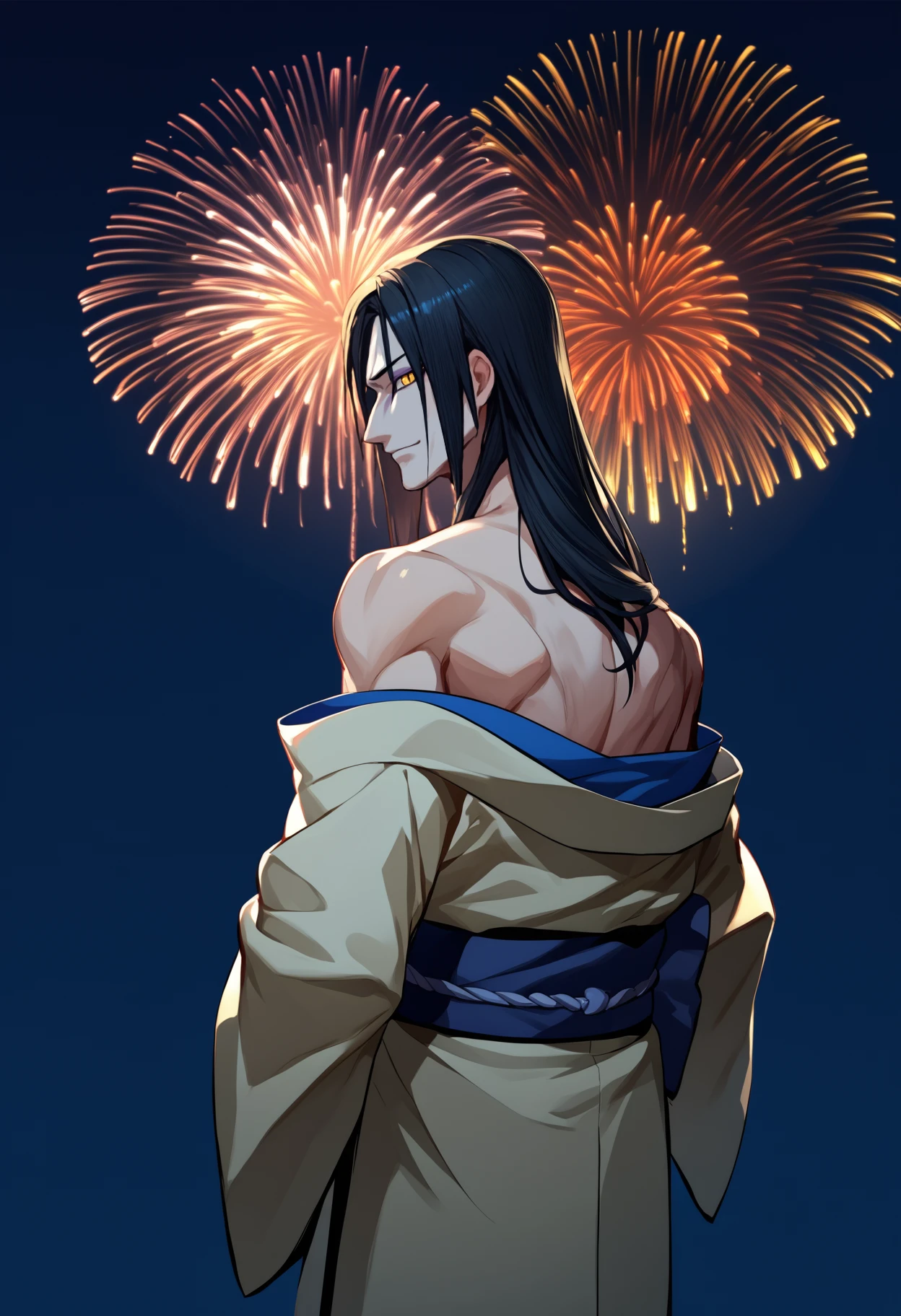 score_9, score_8_up, score_7_up, source_anime, <break> from behind, solo, male focus, 1boy, orochimaru, pale skin, makeup, light smile, looking back, long hair, black hair, yellow eyes, slit pupils, japanese clothes, white kimono, off shoulder, blue sash, bare shoulders, fireworks
<segment:yolo-face_yolov8m.pt,0.4,0.5//cid=1>