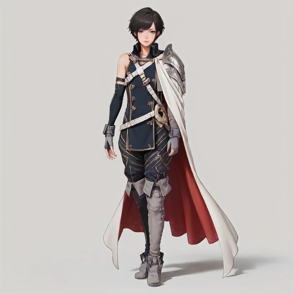 solo, simple background. 1girl, short black hair, blue eyes, full body,     <lora:Clothing FE A Lord Outfit:1> f3achr0mf1t, single sleeve, score_9, score_8_up, score_7_up, score_6_up, score_5_up, score_4_up, masterpiece, detailxl. BREAK