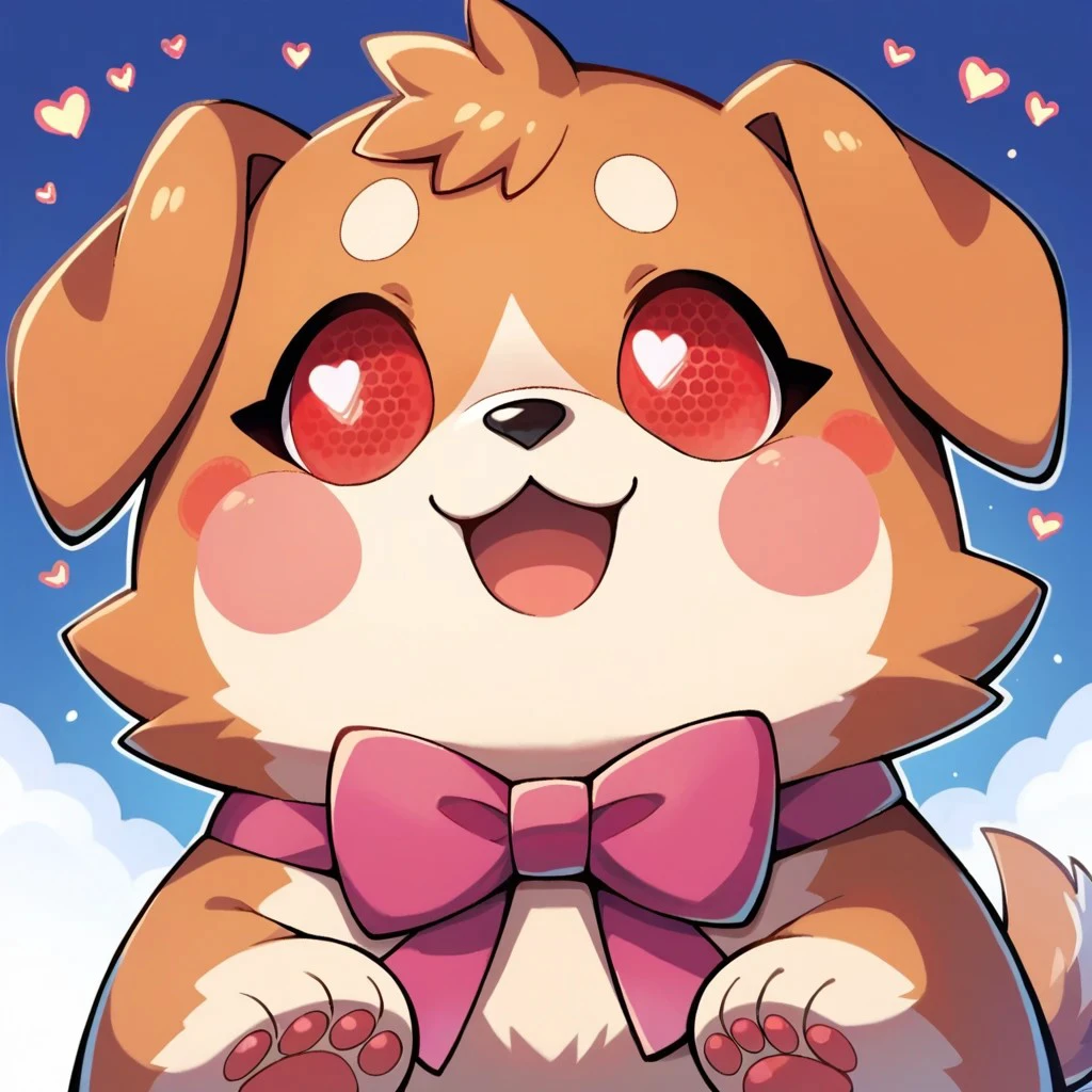 score_9,score_8_up,score_7_up,source_anime, chemy, animal, dog, no humans, open mouth, symbol-shaped pupils, heart, heart-shaped pupils, solo, smile, :3, looking at viewer, blush stickers, bow, pink bow, red eyes