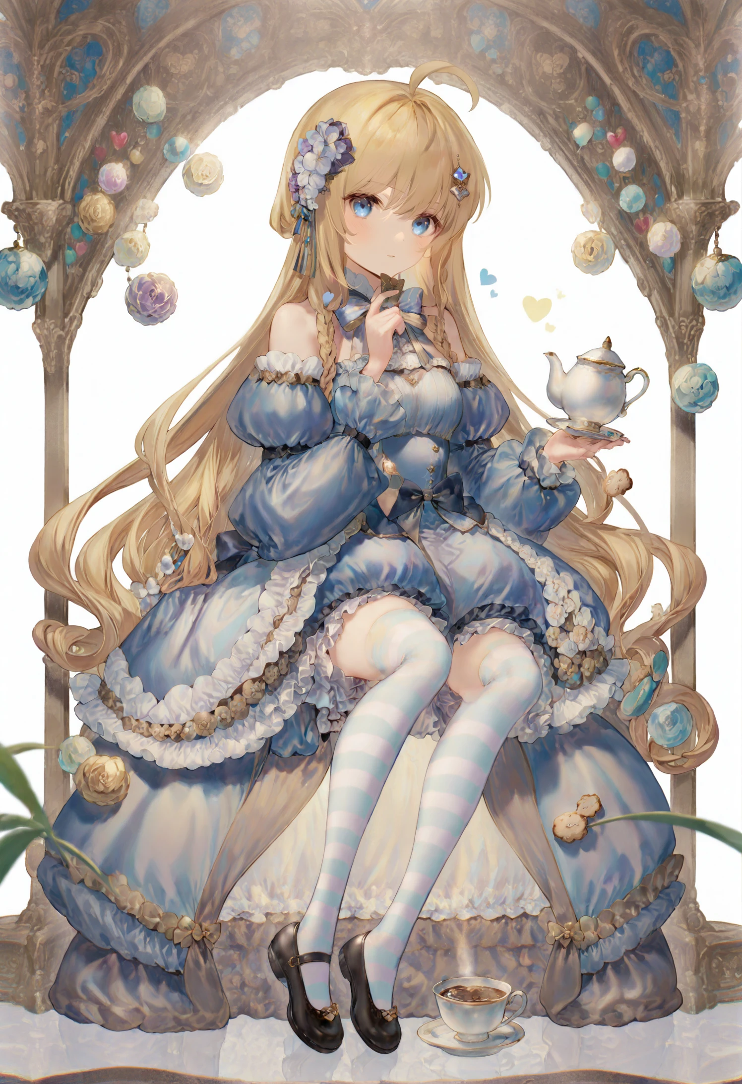 masterpiece, best quality,1girl, solo, striped clothes, thighhighs, striped thighhighs, long hair, cup, cookie, teacup, bloomers, dress, blonde hair, teapot, card, hair ornament, food, flower, braid, full body, hair flower, underwear, bow, blue eyes, playing card, white background, looking at viewer, heart, very long hair, hair bow, blue dress, frills, simple background, blush, detached sleeves, puffy sleeves, long sleeves, ahoge, shoes 
 <lora:ccroquetteXLlokr4f-000179:0.95>