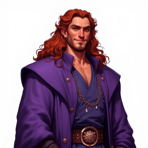 character sheet of a stylized mage with ruddy brown hair at shoulder length and purple wizard robes with a smug smile