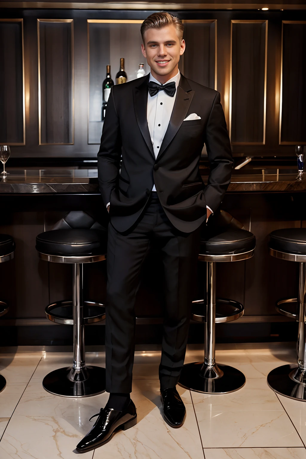 luxury restaurant bar, standing beside a bar stool, smiling, suave, handsome, SergeHenir wearing black TUX3D0,  black socks, black dress shoes, (((full body portrait))), wide angle  <lora:SergeHenir:0.8>   <lora:TUX_LoRA_V1:0.4>