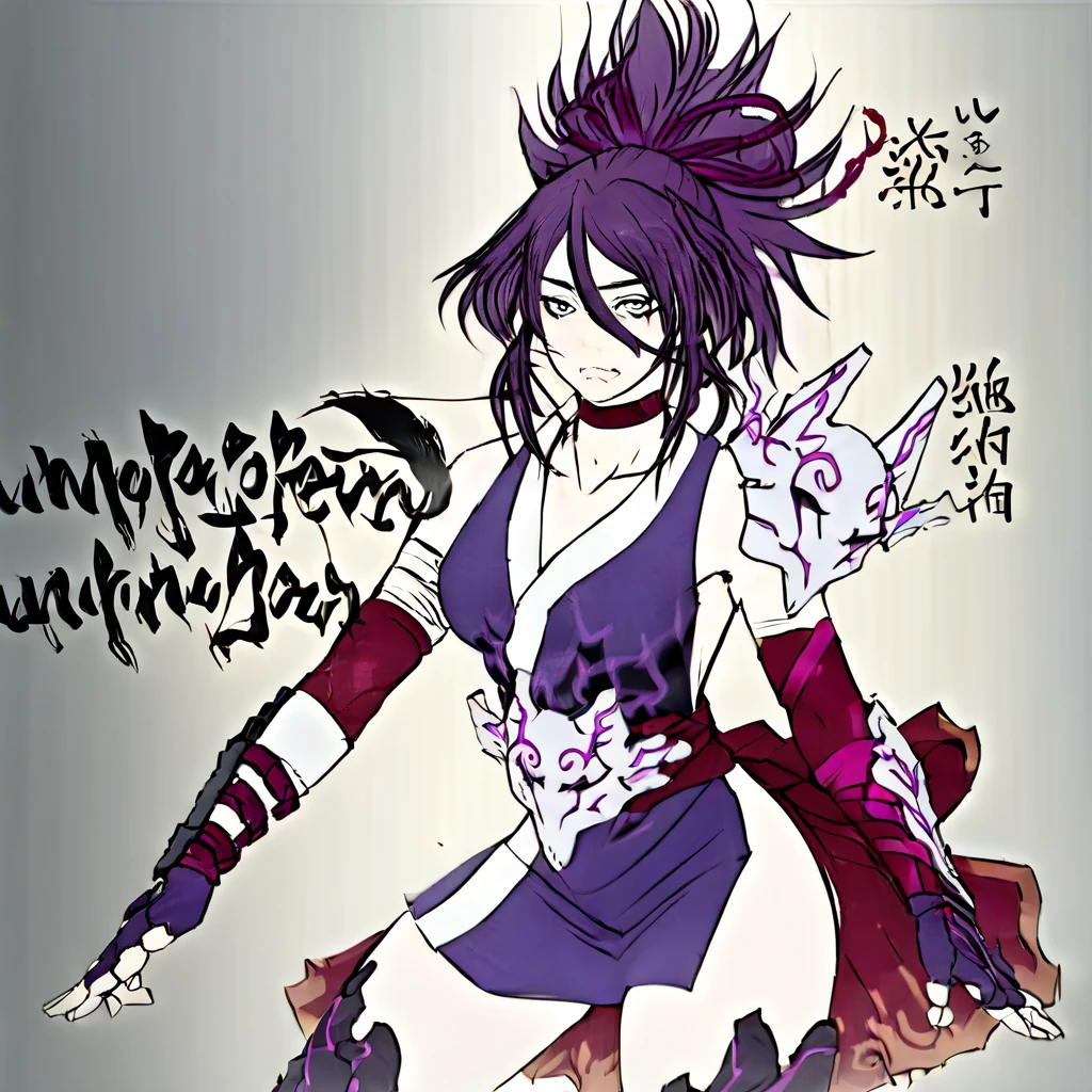 Girl, medium ruffled layered blue hair, purple eyes, open belly, Masterpiece, hiquality, Good detail, sticking out tongue, long tongue, hakama outfit with stomach exposed, half-body shot above waist, fire halo. Expression sheet, fullbody. Grin.
