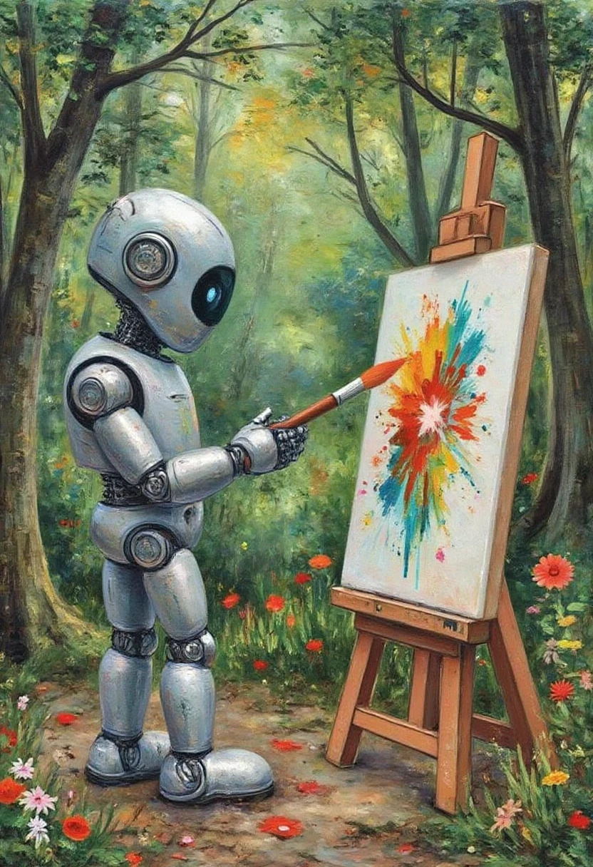 ImpressionistStrokes, A whimsical scene of a robot artist, surrounded by nature, using a paintbrush with fluid strokes to create a piece. The metallic robot and organic forest blur together in a harmony of soft lines and vibrant colors.