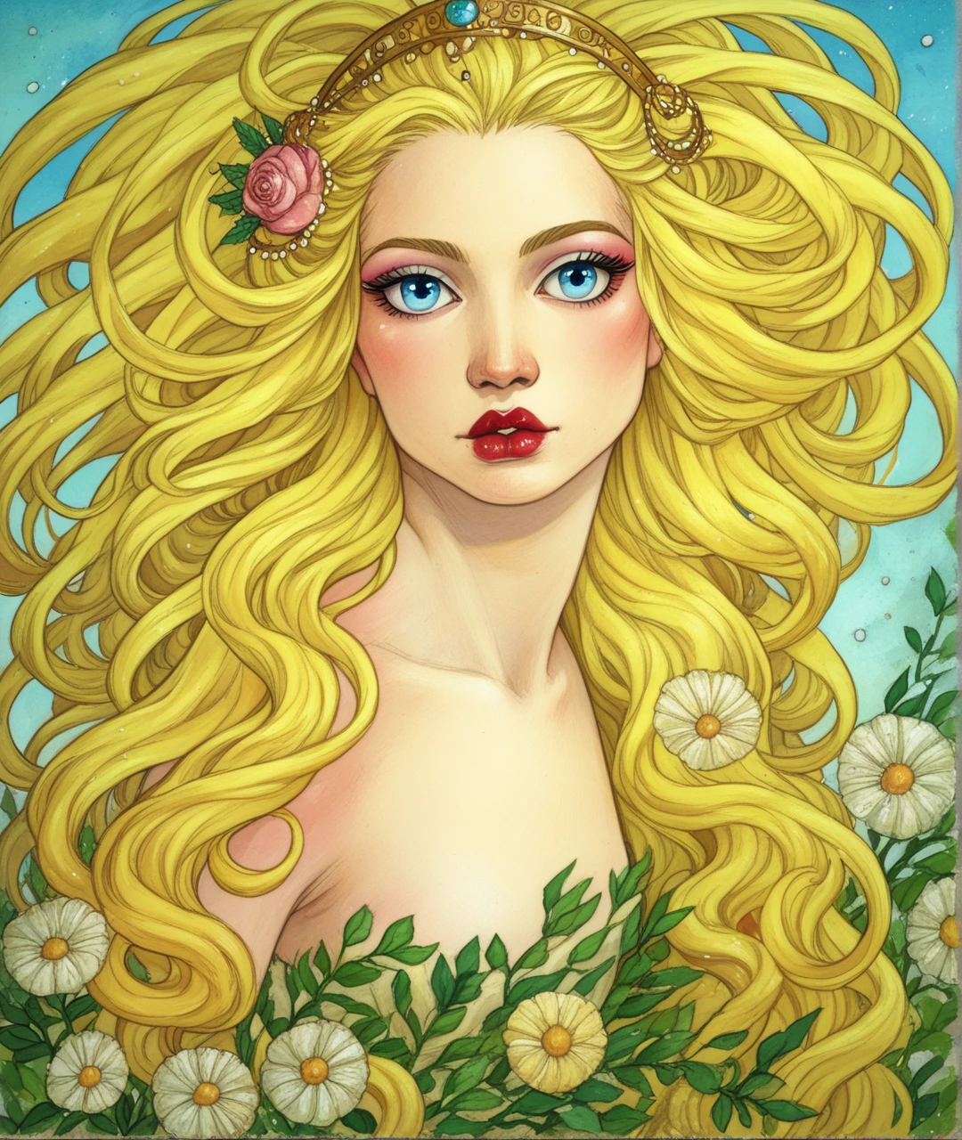 score_9, score_8_up, score_7_up, score_6_up,
BREAK
1girl, solo, blonde hair, long hair, blue eyes, flower, traditional media, painting (medium), floating hair, breasts, watercolor (medium), lips, hair ornament, makeup, upper body, lipstick
 <lora:RGv2:1>