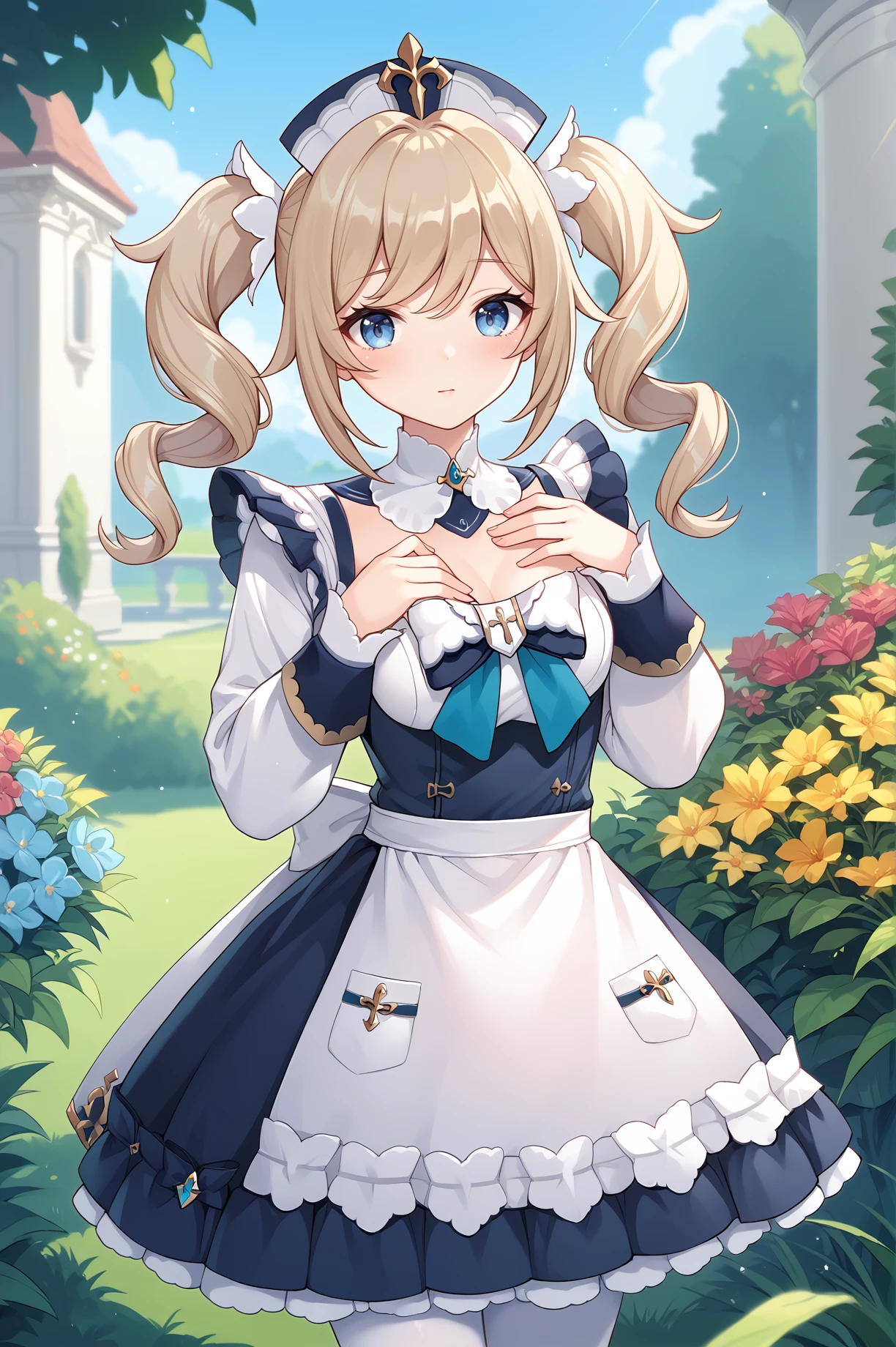 score_9, score_8_up, score_7_up, score_6_up, score_5_up, score_4_up,anime source,
1girl, barbara \(genshin impact\), blonde hair, twin drills, maid headdress, 
 maid(FF14), maid, frilled dress, frilled sleeves,juliet sleeves, wrist cuffs, apron,white pantyhose,
garden,hand on own chest,<lora:FF14MaidXLPony:1>