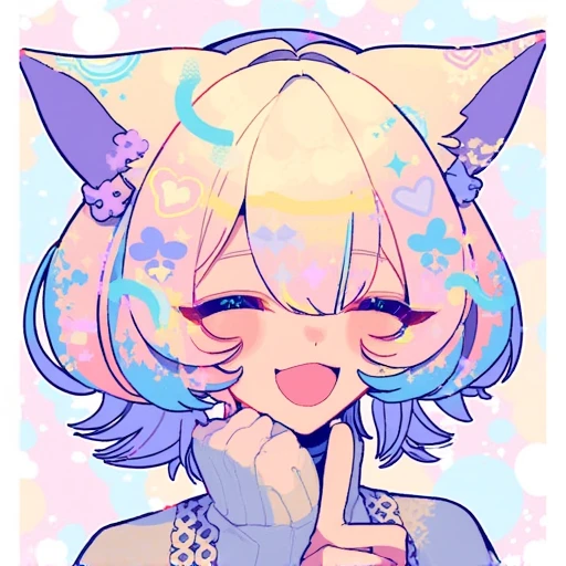 light blonde hair adorned with colorful, slightly open mouth. Her hair is a vibrant mix of blue and pink, flowing hair that transitions through a spectrum of pastel colors including light pink, with a small, colorful digital drawing in a stylized anime-inspired art style. The subject is a young woman with a playful, showing a small tongue, abstract patterns that blend into the background. She has a heart-shaped face with a small, anime-inspired art style. The subject is a young girl with a fantastical appearance. She has short, anime-inspired character. The subject is a young person with a light skin tone and striking, and the character is smiling broadly, otherworldly appearance. She has a small, adding to the fantastical appearance. Her eyes are large, androgynous figure with a blend of human and animal features, adding to her enigmatic expression. She has a small, anime-inspired art style. The subject is a young woman with a playful, and her hair is a vibrant mix of pink
