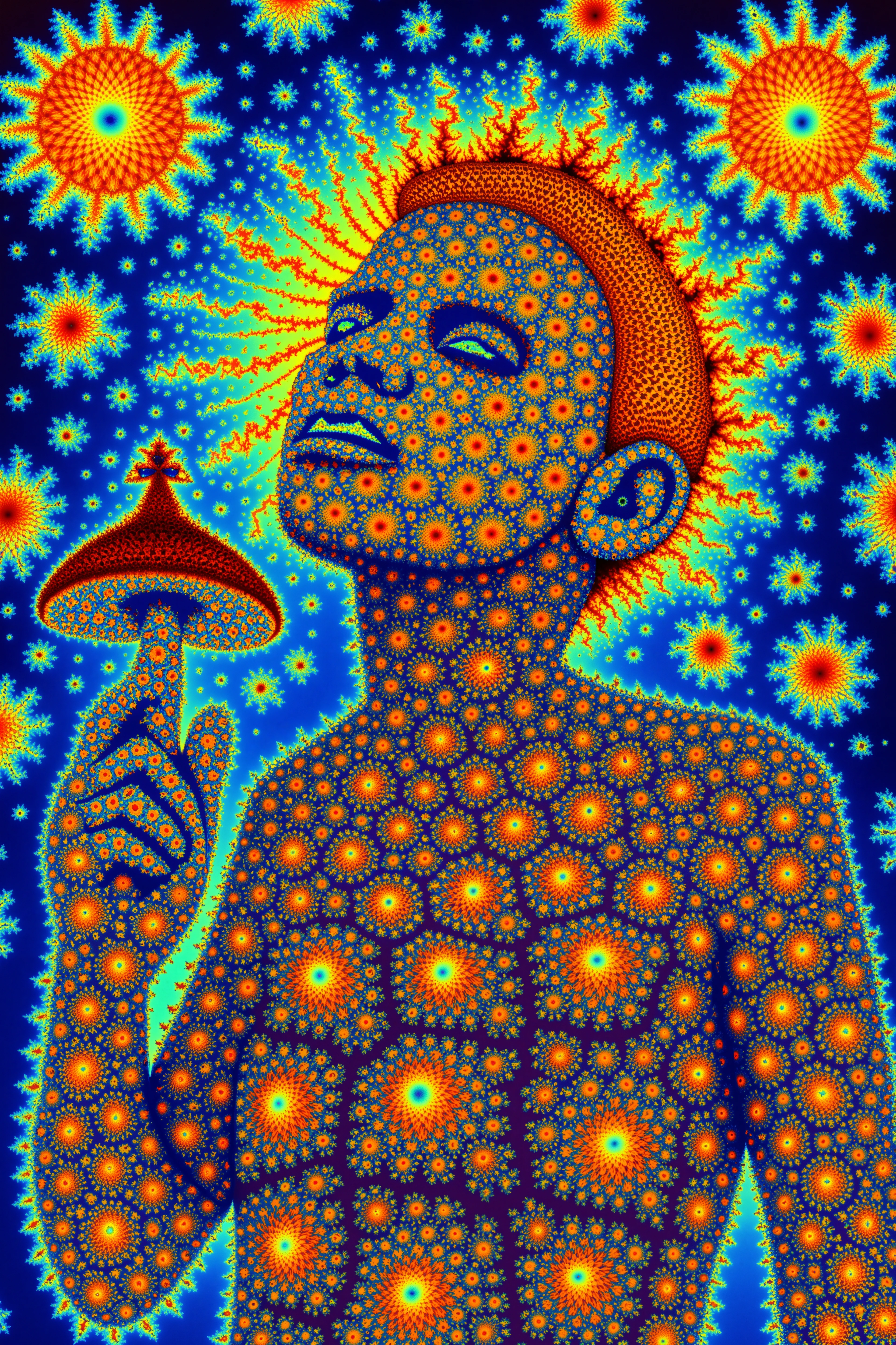 AX6RY, male figure with intricate mandelbrot fractal patterns covering face and hands, holding a mushroom in left hand, right hand pointing upwards, colorful swirling patterns emanating from finger, abstract background with blue and yellow hues, sun-like symbols in the background