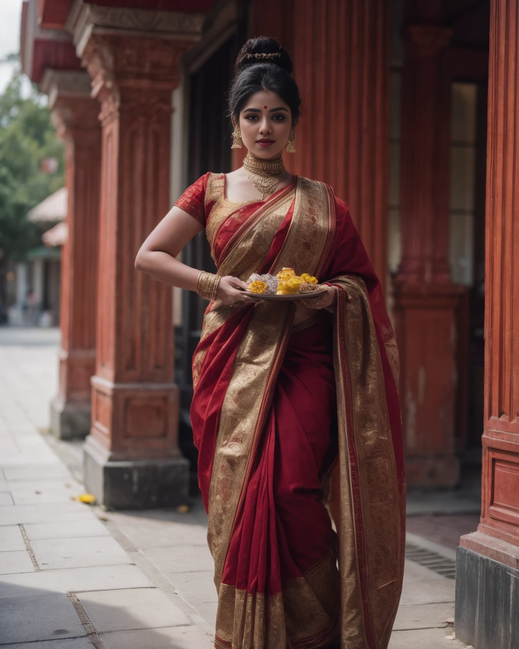 Masterpiece, SFW, a very cute 21yo beautiful girl, curvy, Busty, ((Detail Face)), Full body Portrait, ((Bengali Style Red and White Saree, Holding Ritual Plate)), Standing Pose, Standing in front of a Hindu Temple Courtyard, ((Detail Black Hair)), (French Twisted Messy Bun Hairstyle with Flower accessories), <lora:detail_slider_v4:1> <lora:real_hair:0.4> <lora:S-shape body:1> <lora:backlight_slider_v10:-2> <lora:ccmakeupå¦å®¹:1> <lora:0 Bengali Saree:0.6>, detailed skin texture, (blush:0.5), (goosebumps:0.5), subsurface scattering