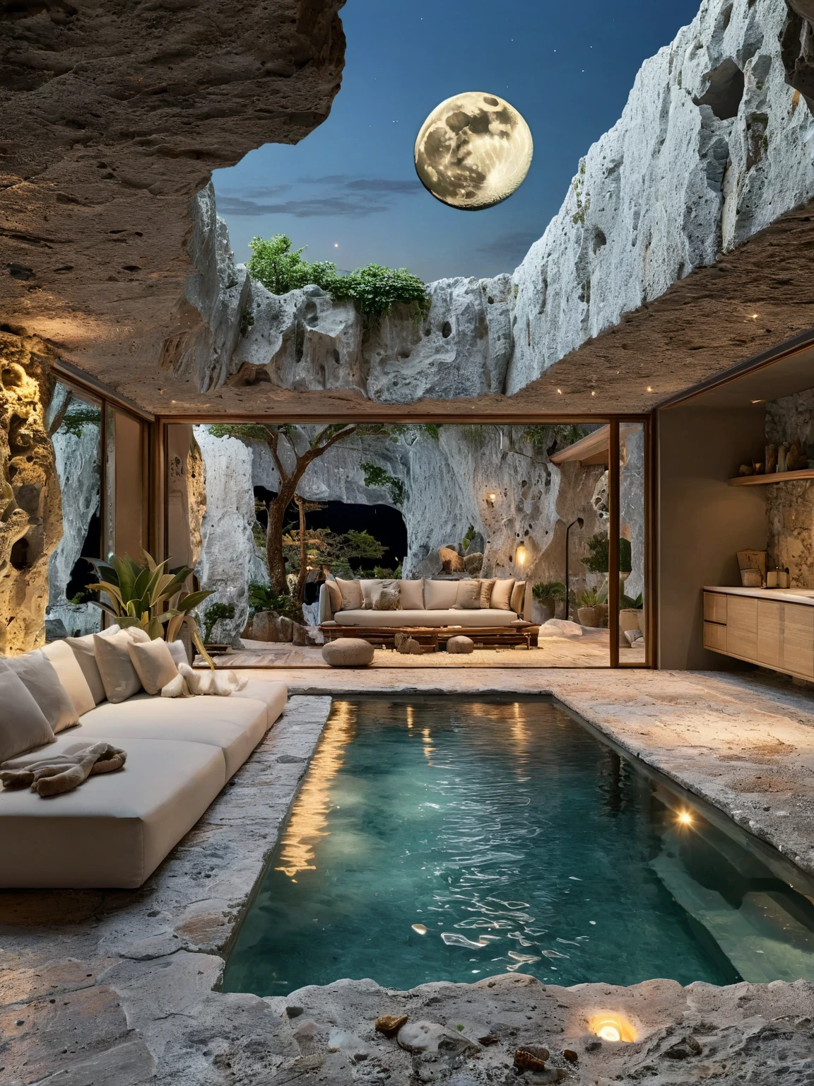 <lora:JJsCaveHouse_XL:1>, ((Cave House)),  masterpiece, best quality, mountain , building, no humans, (indoors), plant, scenery, ((night sky)), tree,  center composition,  golden hour, ceiling light, rock, glass, water, ((moon)), (rabbit),