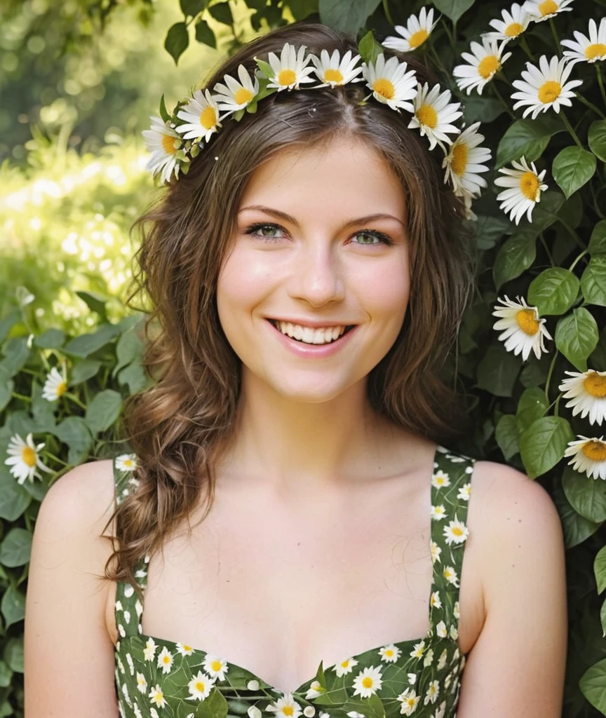 <lora:Sara_Raftery-SDXLe15:0.8> with a cute grin, 
full torso photo, photorealistic,
beautiful (Sara_Raftery:1.1) dressed completely in daisies and ivy,