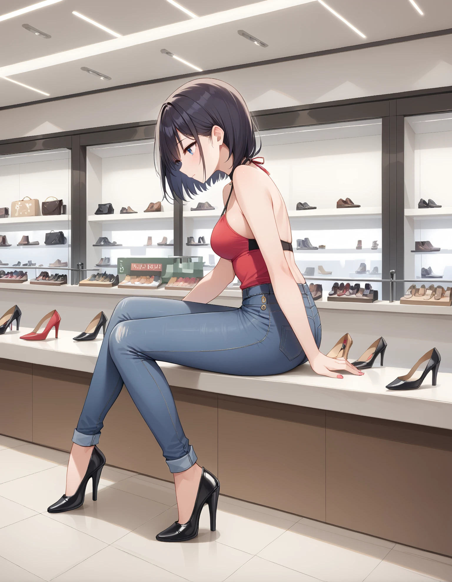 score_9, score_8_up, score_7_up, score_6_up, score_5_up, score_4_up, source_anime,
1girl,
sitting, from side, jeans, halter top, heels,
medium breasts, age30,
sh0est0re, (store:0.1), interior,
embedding:zPDXL2 ,