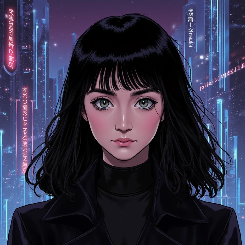 ((Retro 90s Anime style illustration)) drawing of a closeup on face of woman wearing a long black trench-coat futuristic city in the background in the style of the 90s anime Akira. , <lora:Saoirse_Ronan_FLUX_v1-000037:1>