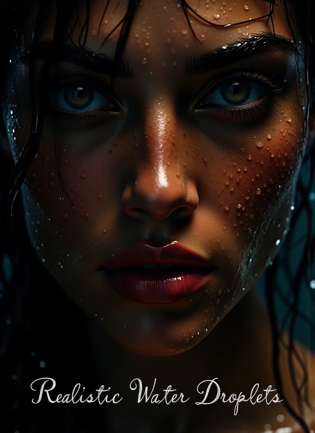 Text letters and words that says "Realistic Water Droplets" in elegant white script at the bottom, an intimate close-up of a woman's face with a rich, dark skin tone speckled with numerous freckles. Water droplets glisten on her cheeks, highlighting her natural beauty and captivating gaze. A photorealistic digital painting with rich colors and intricate details. Soft diffused light accentuates the droplets, creating a luminous effect <lora:Wet_Face_Effect-000001:1>