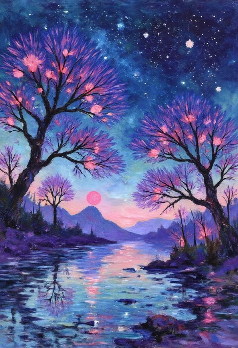 ImpressionistStrokes, A surreal, floating landscape where gravity seems optional, blending deep blues and purples for the glowing trees and soft pinks for the floating mountains.