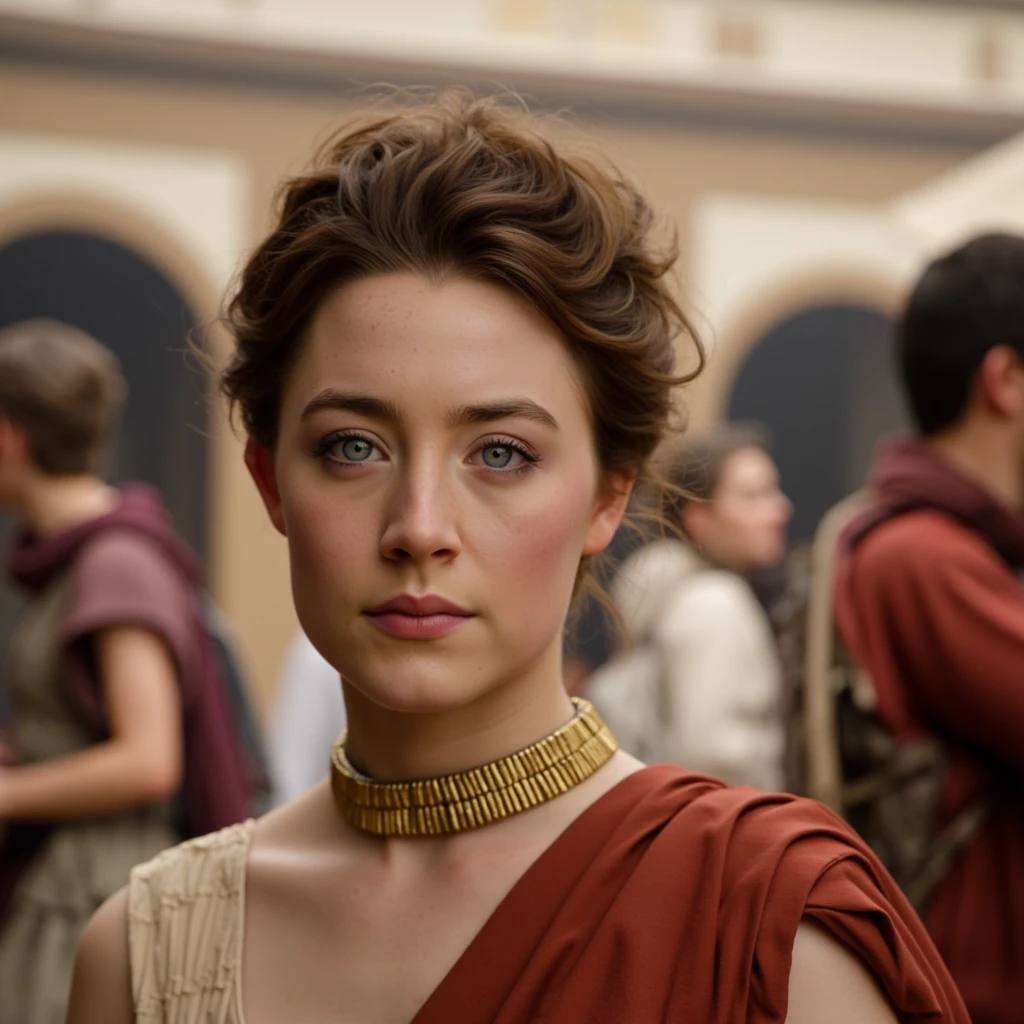 Instagram selfie of a woman during the ancient roman empire standing in the middle of a marketplace in ancient rome with people and merchants all around her. She has a toga on as would be befitting for a madam of the house and has a neutral expression. She has almost no makeup on. Her hair is in an intricate updo and held together by some golden hairpins. , <lora:Saoirse_Ronan_FLUX_v1-000037:1>