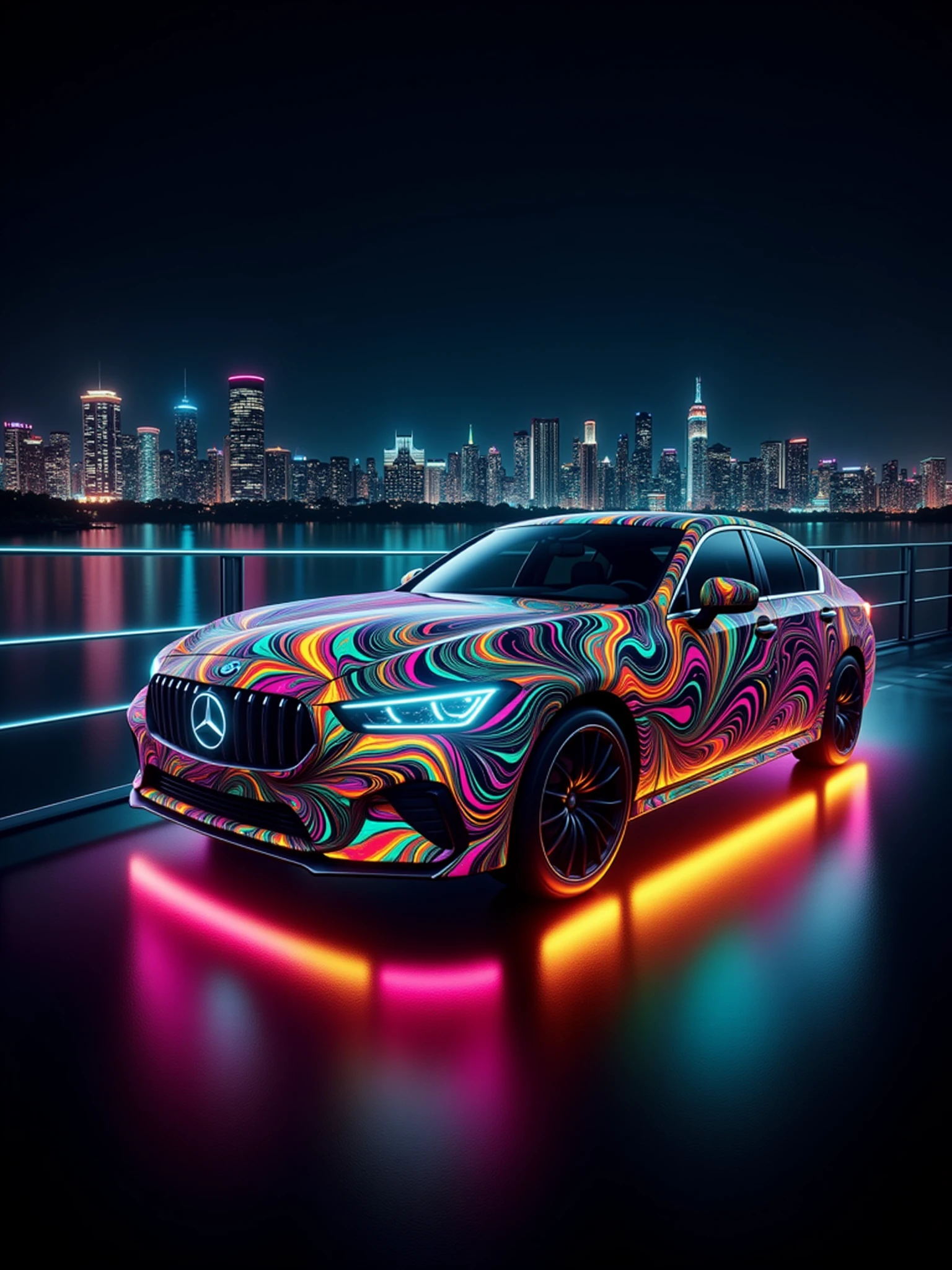 glowing mad-glwngmrbldppr car driving through city   <lora:glowing-marbled-paper-flux:1>, night