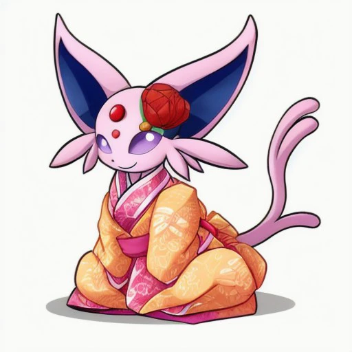 happy, cute, espeon, kimono, outfit, chibi,  sitting down, smiling