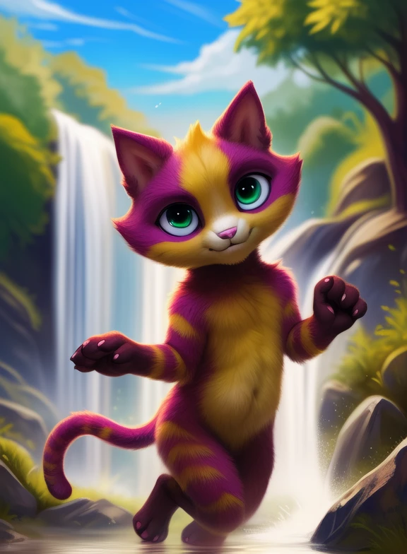 <lora:LinoCatUmaAveYif:0.9> LinoCatUmaAve, cat, pink nails, nude, naced   purple fur with yellow, tail, pink nose, light green eyes,
Looks at the viewer,   day, [  solo, nature, day, clouds, waterfall, flover]   ((dancing ))
(beautiful, aesthetic, perfect, delicate, intricate, saturated colors), masterpiece, digital drawing, best quality,
by ulitochka, by taran fiddler, by Silverfox5213, by personalami,