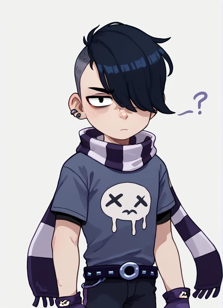 score_9, score_8_up, score_7_up,   <lora:bsedgar:1>bsedgar    , 1boy , short hair , black hair, hair over one eye, ear piercing, solo,striped scarf  grey shirt,  short sleeves, belt , black pants ,black gloves,   fingerless gloves, black nails, <lora:PossumMachine:1>posmach  , confused,  looking at viewer,  , ??? , simple background,