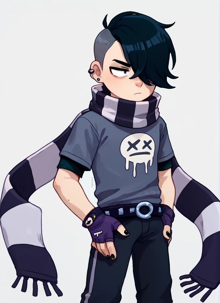 score_9, score_8_up, score_7_up,   <lora:bsedgar:1>bsedgar    , 1boy , short hair , black hair, hair over one eye, ear piercing, solo,striped scarf  grey shirt,  short sleeves, belt , black pants ,black gloves,   fingerless gloves, black nails, <lora:PossumMachine:1>posmach