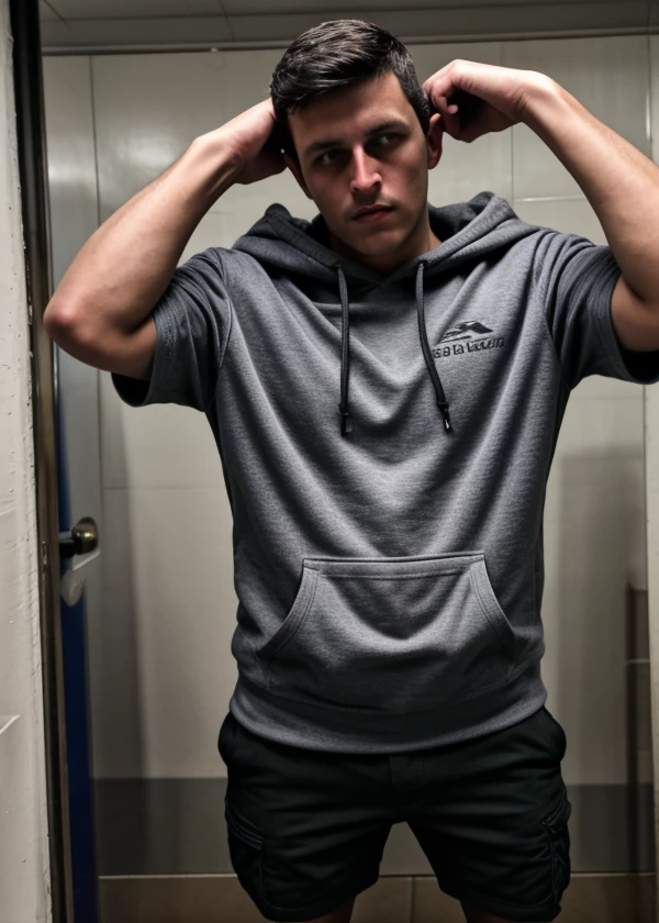 <lora:LATIN:0.85> 1boy, male focus, solo, realistic, guy wearing hooded sweatshirt, cargo shorts, and sport sandals in a crowded restroom, 16-Bit , RTX , primary colors , shot on Nikon D750, From Above <lora:LCM_LoRA_Weights_SD15:1> AnimateLCM_sd15_t2v_lora,  8k, portrait, best quality <lora:detailSliderALT2:0.8>