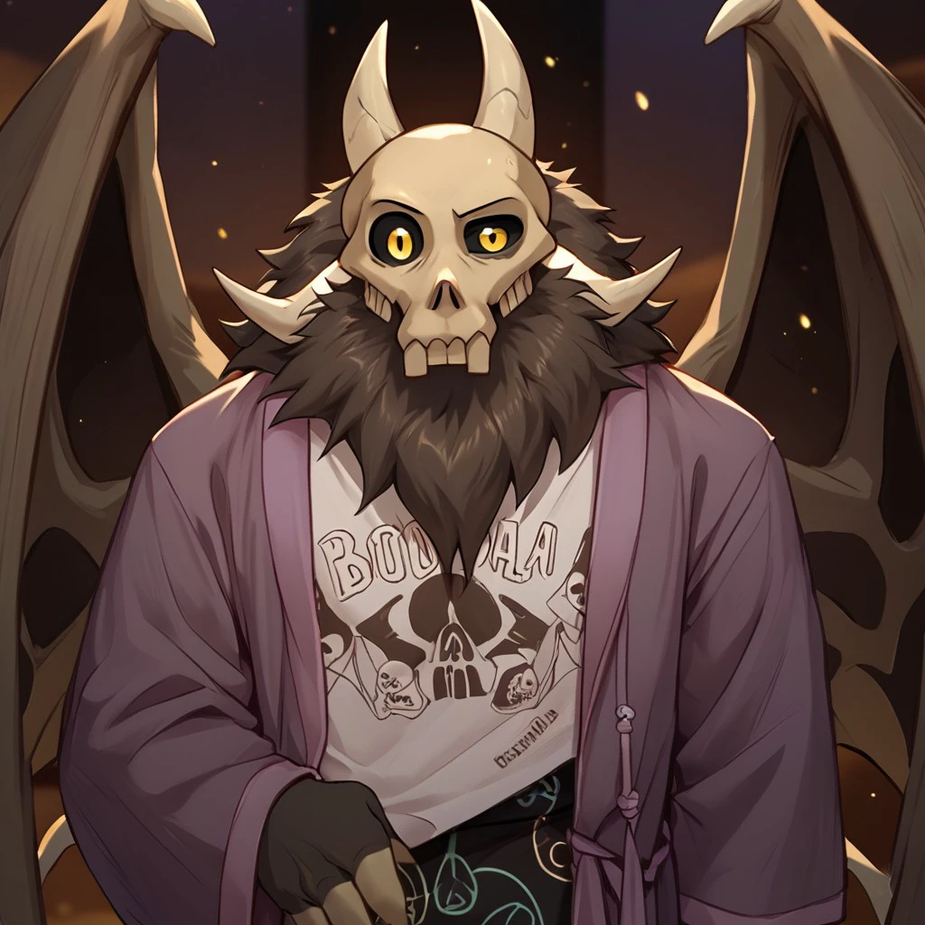 score_9, score_8_up, score_7_up, detailed background,  <lora:Papa_Titan:.90>, papa titan, 1boy, solo, male focus, furry, black sclera, wings, robe, shirt, yellow eyes, skull, one eye