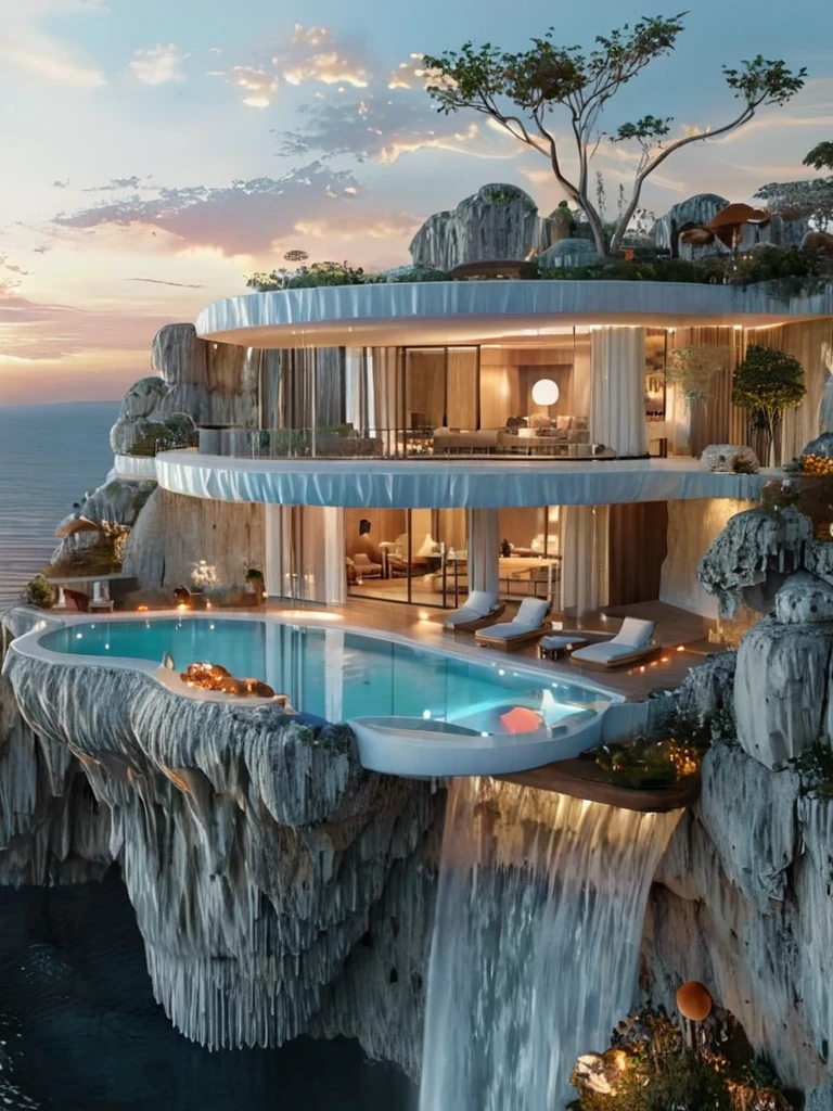 <lora:JJsCliffHouse_XL:1> , ((Cliff House)),  masterpiece, best quality, blue sky, brown hair, cliff house, cloud, mushroom, no humans, outdoors, pillow, plant, scenery, sky, sunset, tree, water, waterfall, center composition,  sky, cloud,