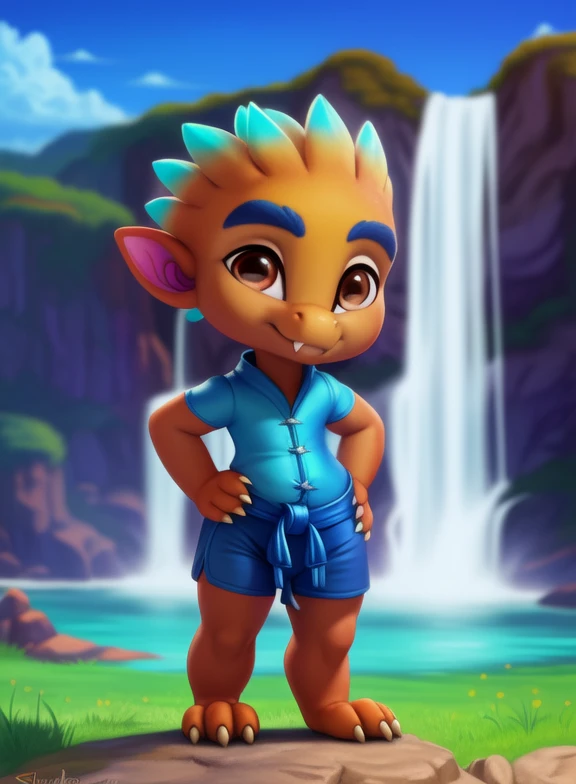 <lora:SpikeGongSupMonYif:1> SpikeGongSupMon, dragon, blue eyebrows, fangs, orange skin,  blue tips of scales on the head, small ears, yellow claws, brown eyes, light blue shirt, blue belt, dark blue shorts, chibi, 
Looks at the viewer,   day, [  solo, nature, day, clouds, waterfall, flover]  ((Hands on hips, standing, ))
(beautiful, aesthetic, perfect, delicate, intricate, saturated colors), masterpiece, digital drawing, best quality,
by ulitochka, by taran fiddler, by Silverfox5213, by personalami,