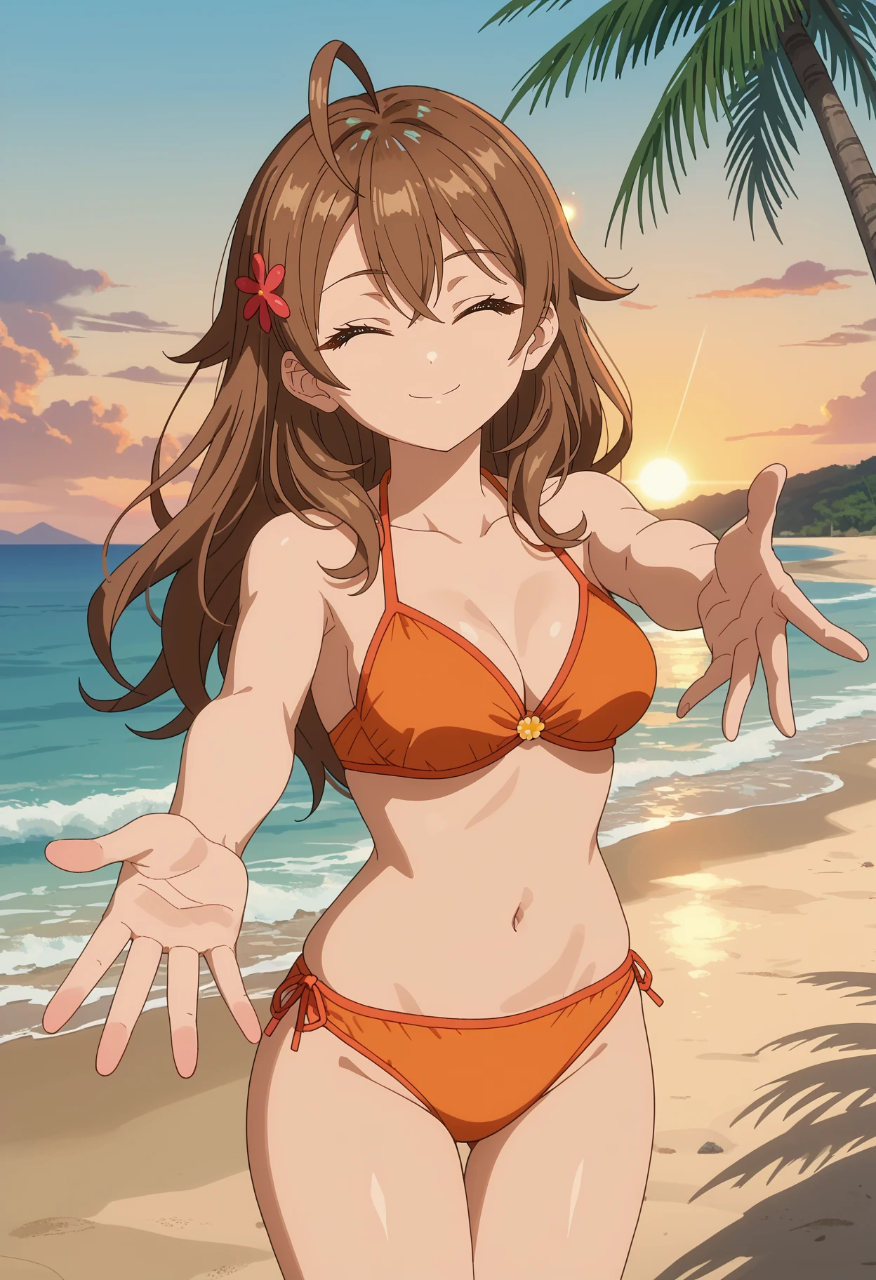 score_7_up, anime screencap, anime coloring,
<lora:Roshidere_KujouMariaMikhailovnaXL:0.8>,
1girl, closed mouth, light smile,
long hair, brown hair, ahoge, hair between eyes, closed eyes, hair ornament,
reaching towards viewer, orange bikini, medium breasts,
standing, looking at viewer, thigh gap,
sunset, horizon, beach, palm tree, lens flare, evening