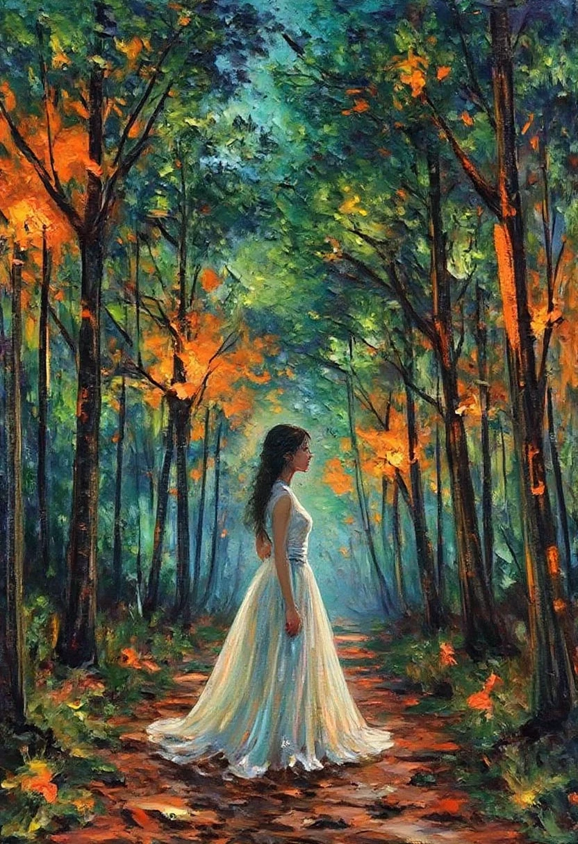 ImpressionistStrokes, Girl dressed in white in a Surreal forest with trees glowing in orange and green