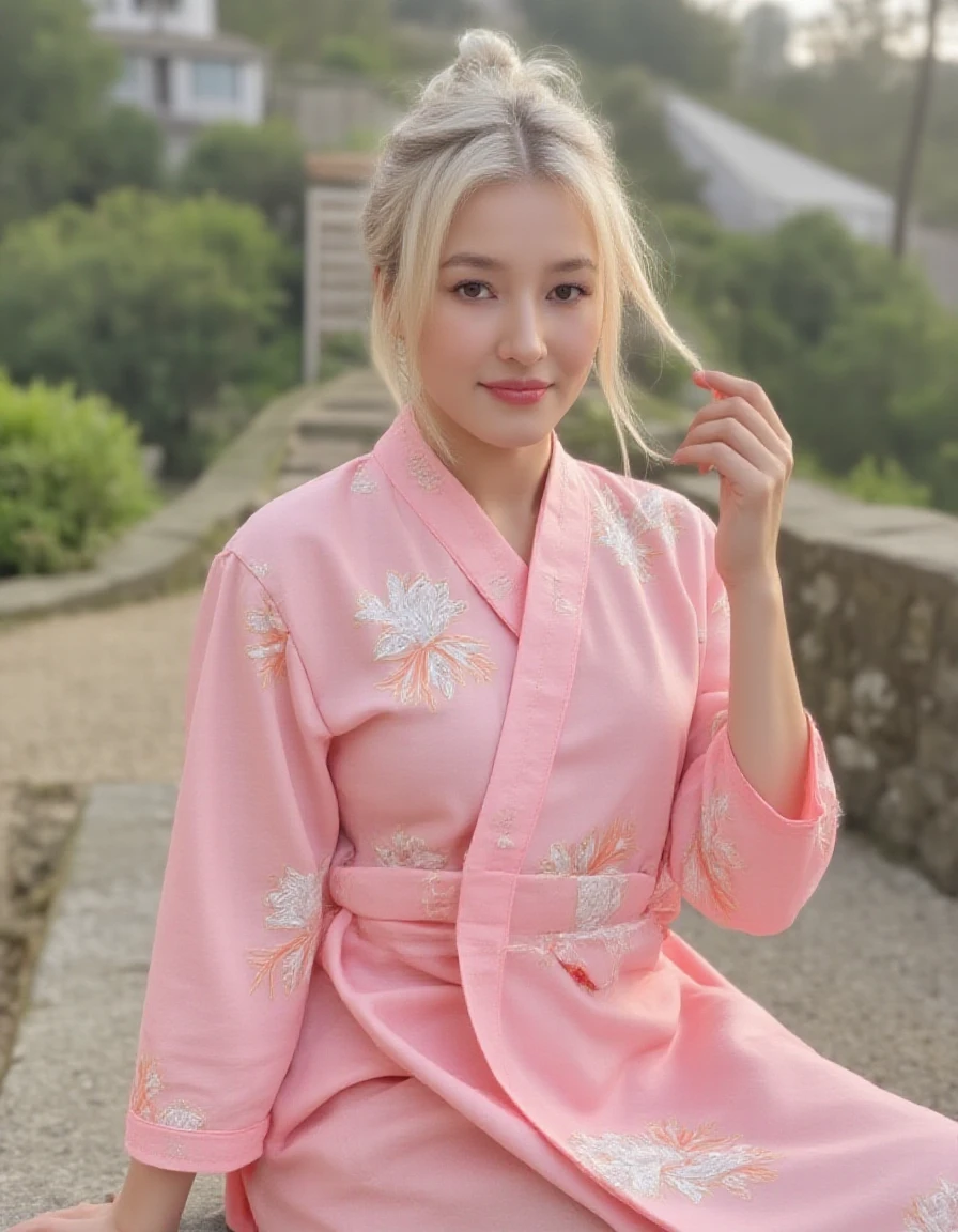 <lora:NancyMcDonieLora:2.4>luminous woman, A beautiful western girl, 23yo, white hair,hair_buns, double eyelids, highly detailed glossy eyes, upper  body portrait, luxurious pink kimono, ornate embroidery, wood slippers, Japan Zen garden, charming face, faint smile, look at camera, beautiful leg, cinematic, amazing composition, highly details, tattoo on her cheek of a red heart