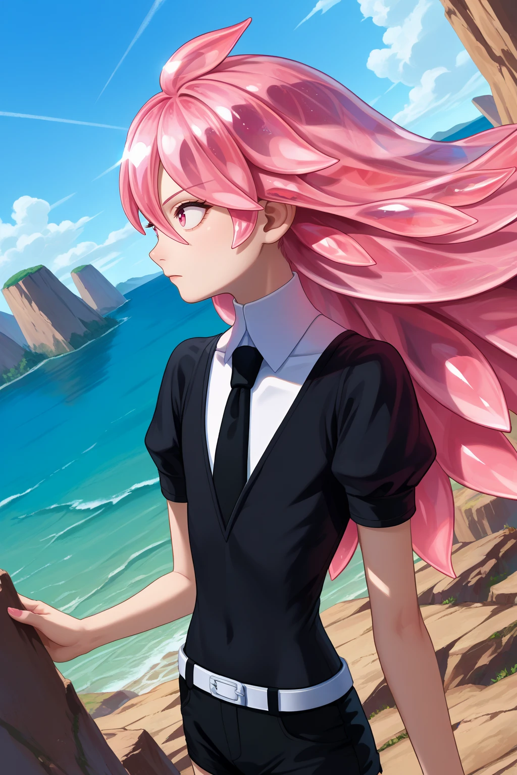 score_9, score_7_up, source_anime, dutch angle, upper body, looking to the side, morg, long hair, white skin, crystal hair, pink hair, pink eyes, hair between eyes, black shirt, puffy short sleeves, collared shirt, black necktie, white belt, black shorts, black footwear, outdoors, cliff, blue sky, ocean, wind, <lora:Hoseki_HousekiNoKuni_Morganite_PDXL_v1:1>