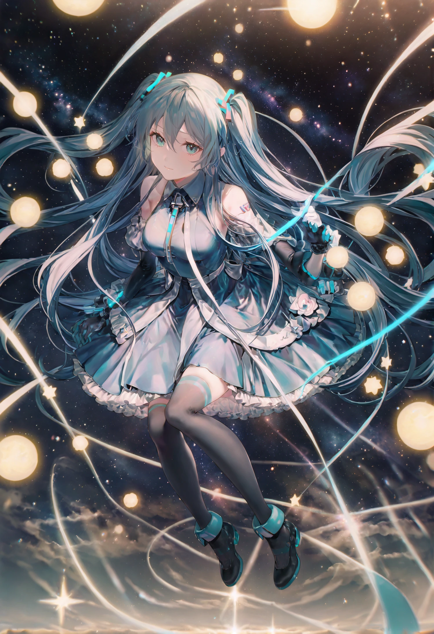 masterpiece, best quality,hatsune miku, 1girl, solo, long hair, dress, gloves, very long hair, twintails, sky, star \(symbol\), full body, star \(sky\), blue hair, thighhighs, blue dress 
 <lora:ccroquetteXLlokr4f-000179:0.95>