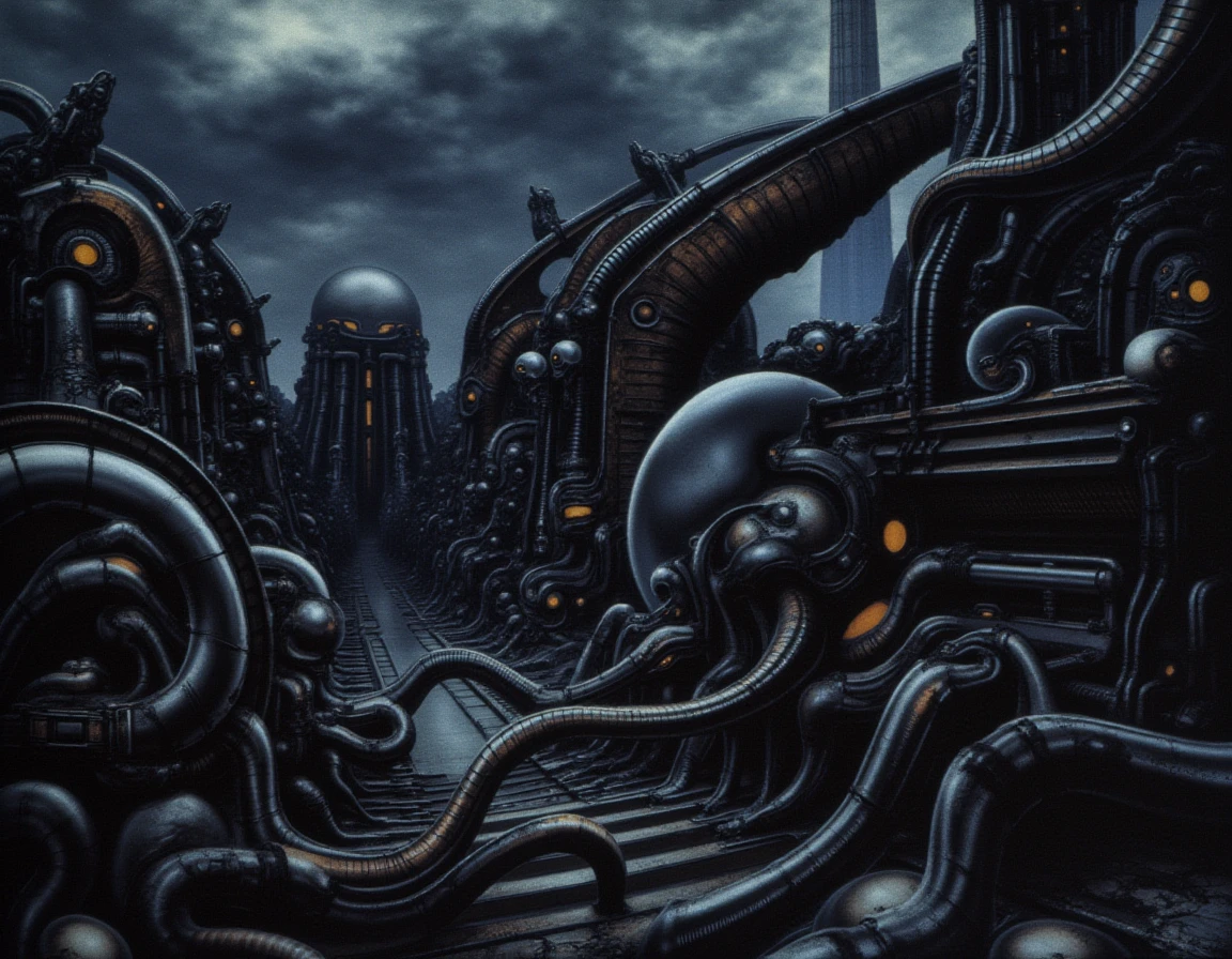 In a shadowy, surreal landscape reminiscent of H.R. Giger's most provocative works, an intricate labyrinth of incomprehensible industrial alien technology unfolds before the viewer's eyes. Smooth, organic shapes intertwine with harsh, metallic structures, creating a jarring yet alluring fusion. Sleek, sinuous forms ripple with a sheen of iridescent colors—deep obsidian, shimmering silver, and hints of pulsating crimson—that evoke a sense of both beauty and unease. 

The air is thick with an electric tension, almost palpable, as if the machinery breathes with a life of its own. Soft, almost pheromone-like scents of unknown flora intensify the atmosphere, mingling with the cold, sterile odor of metal and oil. 

In the foreground, biomechanical tendrils stretch out like seductive limbs, inviting the onlooker to explore the depths of this unsettling yet mesmerizing world. The play of light and shadow accentuates the fluid curves and angular designs, blurring the lines between the organic and the mechanical, while a haunting, low hum reverberates through the air, reminiscent of distant, echoing sighs.

Above, the twisted silhouettes of towering structures loom against a backdrop of swirling, ominous clouds, their depths reflecting an eerie, phosphorescent glow that hints at hidden secrets within. The emotional tone oscillates between fascination and horror, drawing the viewer into an unsettling realm where desire and fear intertwine, leaving them longing for more while simultaneously yearning to escape.