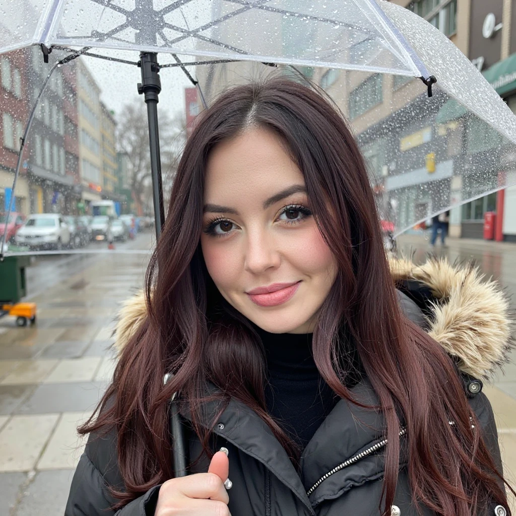 A photo of a woman with dark brown hair. The photo includes her entire body. She has bold black eyeliner. She has eyeshadow. She has a slight grin. She is looking directly into the camera. She has a natural skin texture. The skin is very detailed including skin pores.  
She is wearing a winter coat. She is standing outside in the rain. She is hold an umbrella.