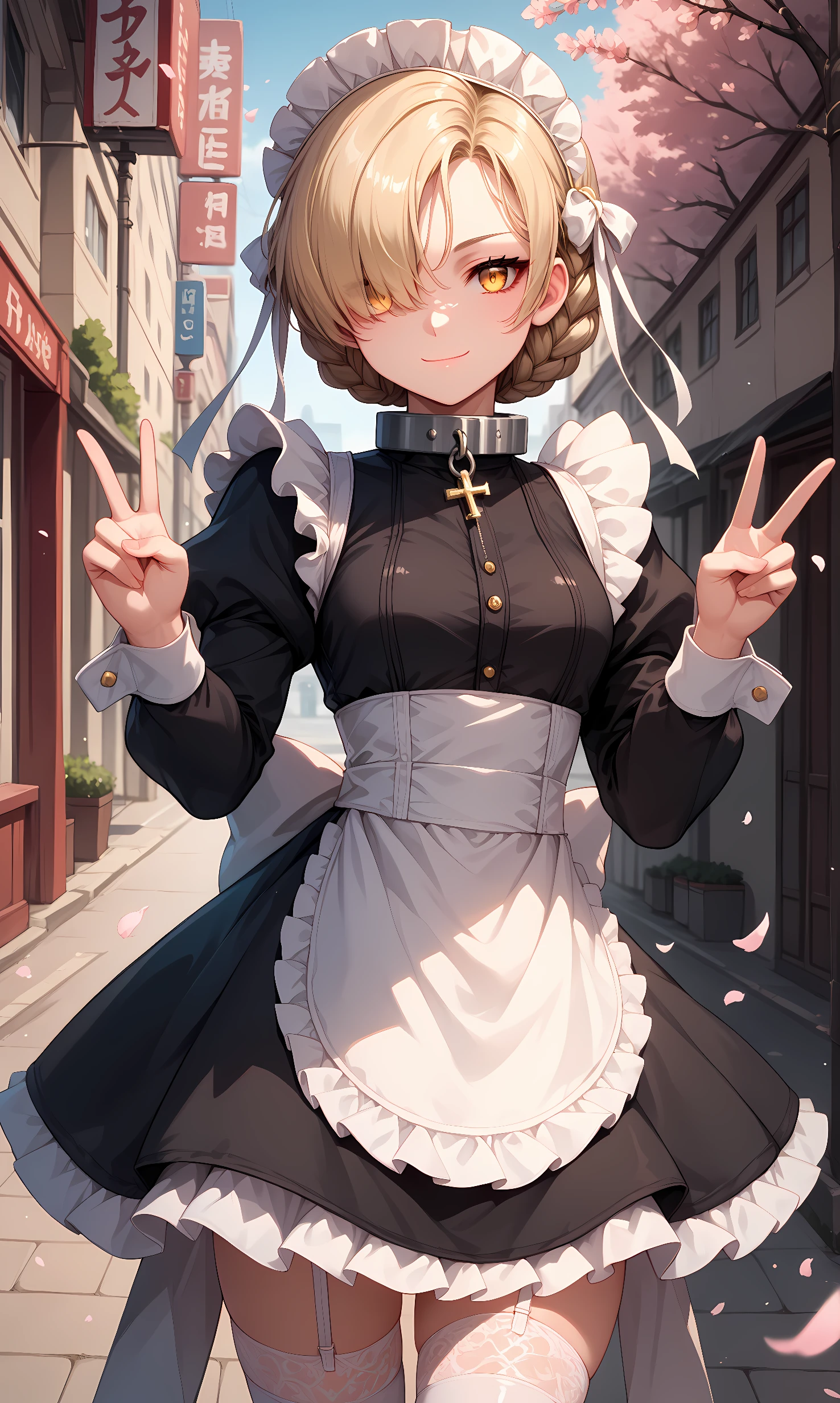 score_9, score_8_up, score_7_up, BREAK source_anime, 1girl, solo, outdoors, street, cherry blossoms, cowboy shot, standing, looking at viewer, shiny skin,sheffield, yellow eyes, short hair, blonde hair, bangs, hair over one eye, braid, ribbon, metal collar, cross, black dress, puffy sleeves, juliet sleeves, frilled dress, frills, maid headdress, maid apron, frilled apron, white thighhighs, garter belt, double v, closed mouth, smile