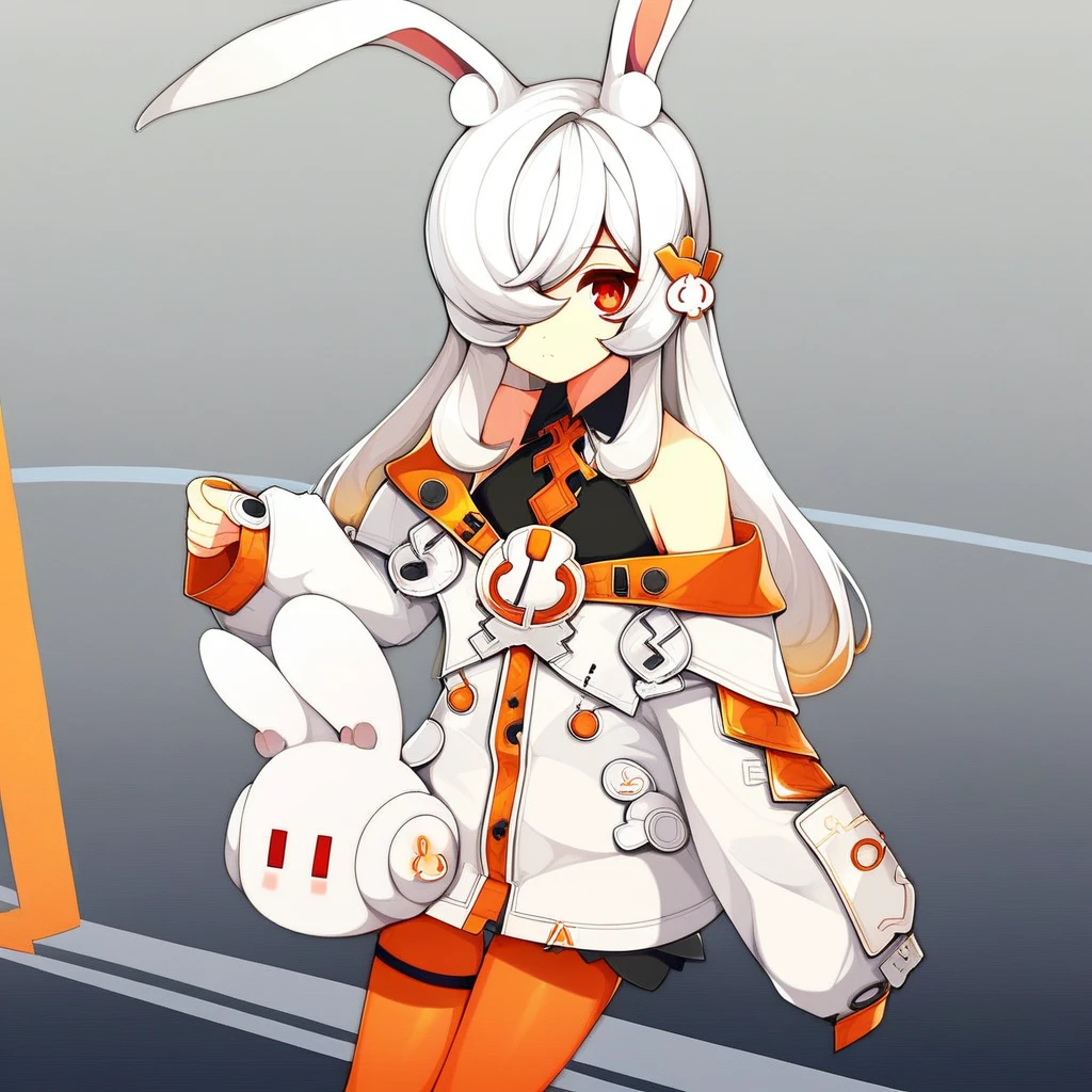 k1ra-ft, 1girl, animal ears, rabbit ears, red eyes, hair over one eye, long hair, jacket, white hair, off shoulder, pantyhose, thigh strap, bangs, white jacket, closed mouth, hair ornament, rabbit girl, bare shoulders