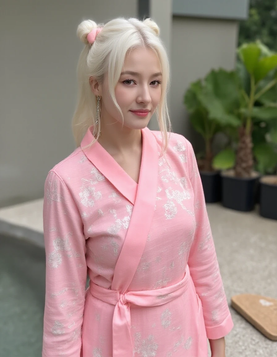 <lora:NancyMcDonieLora:2.4>luminous woman, A beautiful western girl, 23yo, white hair,hair_buns, double eyelids, highly detailed glossy eyes, upper  body portrait, luxurious pink kimono, ornate embroidery, wood slippers, Japan Zen garden, charming face, faint smile, look at camera, beautiful leg, cinematic, amazing composition, highly details, tattoo on her cheek of a red heart