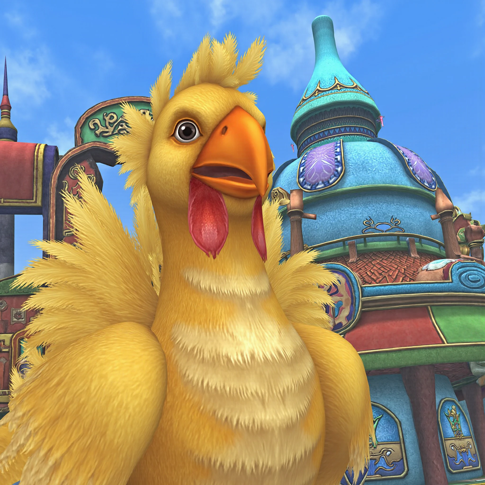 <lora:Final Fantasy X:1>,  FFX_Style
A digital image featuring a fantastical creature, likely inspired by the game "Final Fantasy," specifically the character Chocobo. The creature has a large, orange-beaked face with expressive eyes, and its body is covered in fluffy, golden feathers. The feathers are depicted with a soft, textured appearance, giving a sense of realism. In the background, there's a colorful, whimsical building with a mix of ancient and futuristic elements. The building features a large, rounded structure with a bright blue dome, adorned with intricate carvings and colorful patterns. The walls are painted with vibrant colors, including red, blue, and green, with various symbols and hieroglyphics visible. The building's architecture is a blend of fantasy and ancient styles, with curved lines and ornate details. The sky above is a bright, clear blue with a few wispy clouds, adding to the sense of a sunny, outdoor environment. The overall atmosphere is playful and fantastical, with a focus on vibrant colors and whimsical design elements. The image is likely from a CGI or digital art style, with a focus on detailed textures and realistic lighting effects. The creature and building are central to the image, with the background providing a sense of context and setting. The image is bright and engaging, inviting the viewer to explore the fantastical world. The image is likely from a game or animation, given the detailed and colorful design.