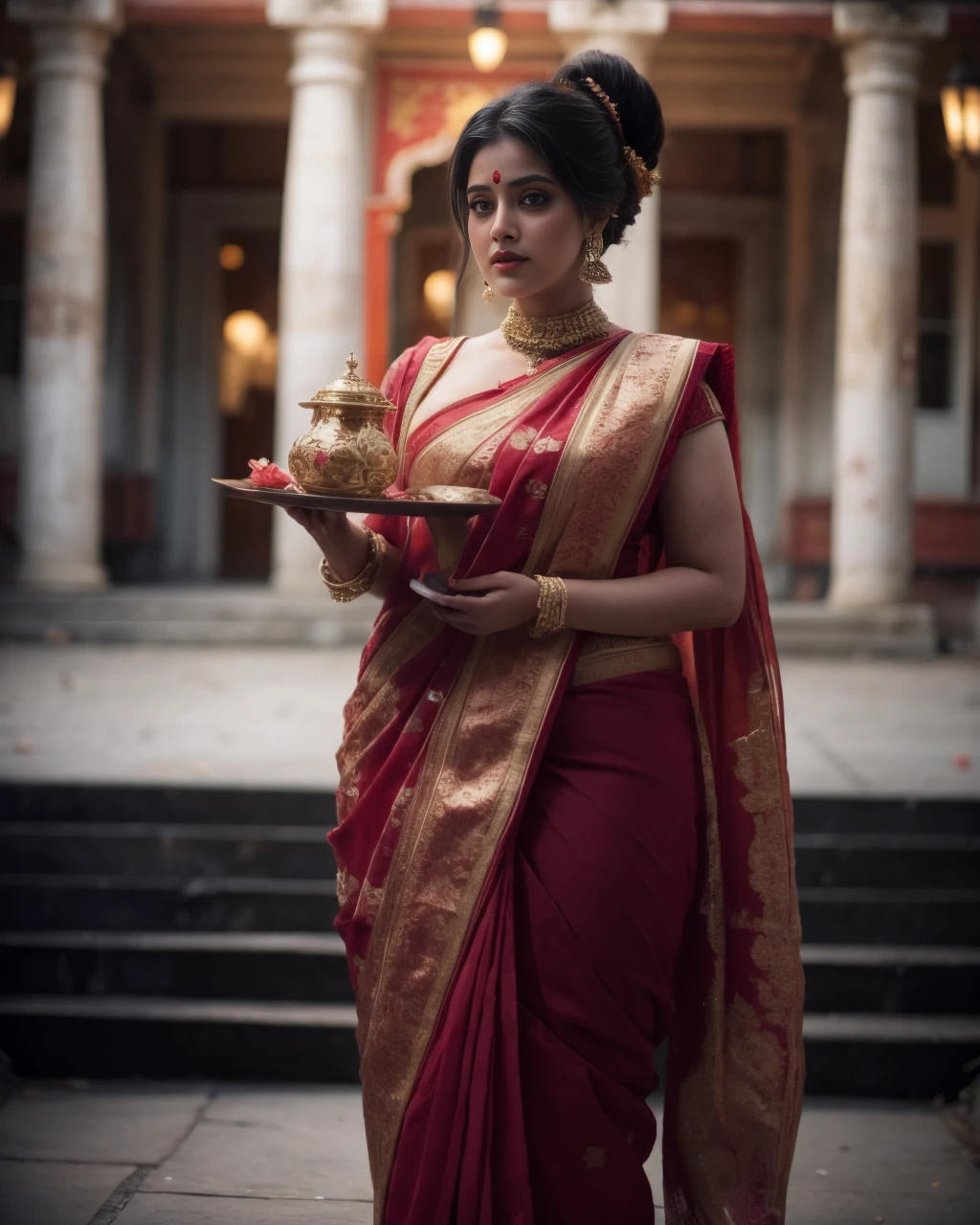 Masterpiece, SFW, a very cute 21yo beautiful girl, curvy, Busty, ((Detail Face)), Full body Portrait, ((Bengali Style Red and White Saree, Holding Ritual Plate)), Standing Pose, Standing in front of a Hindu Temple Courtyard, ((Detail Black Hair)), (French Twisted Messy Bun Hairstyle with Flower accessories), <lora:detail_slider_v4:1> <lora:real_hair:0.4> <lora:S-shape body:1> <lora:backlight_slider_v10:-2> <lora:ccmakeupå¦å®¹:1> <lora:0 Bengali Saree:0.6>, detailed skin texture, (blush:0.5), (goosebumps:0.5), subsurface scattering