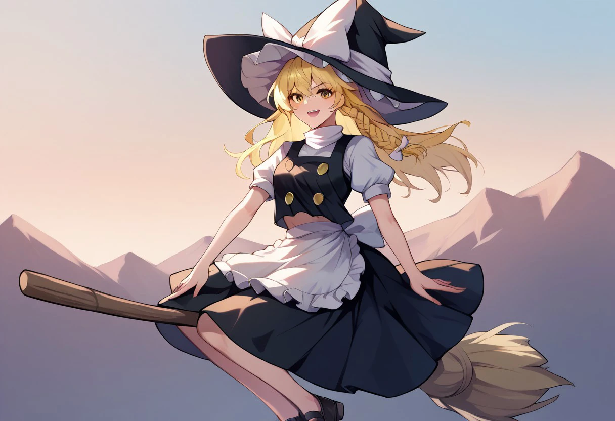 score_9, score_8_up, score_7_up, score_6_up, score_5_up, colourful, 8k, detailed face, makeup, 1girl, solo, kirisame marisa, blonde hair, yellow eyes, single braid, witch hat, white ribbon, black skirt, black shirt, short sleeves, waist apron, white sleeves, r1dingbroom, riding broom, broom, day, sky, flying, speed, wind,