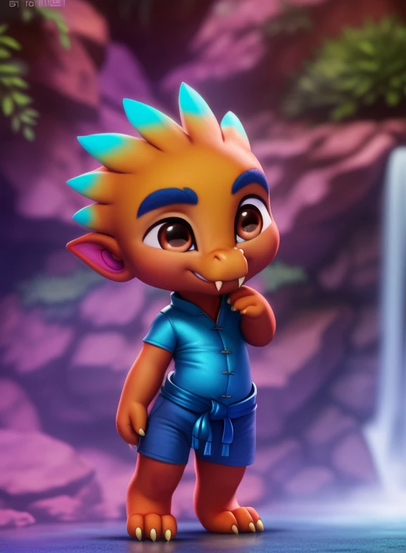 <lora:SpikeGongSupMonYif:1> SpikeGongSupMon, dragon, blue eyebrows, fangs, orange skin,  blue tips of scales on the head,( small ears), yellow claws, brown eyes, light blue shirt, blue belt, dark blue shorts, chibi, 
Looks at the viewer,   day, [  solo, nature, day, clouds, waterfall, flover]  ((dancing ))
(beautiful, aesthetic, perfect, delicate, intricate, saturated colors), masterpiece, digital drawing, best quality,
by ulitochka, by taran fiddler, by Silverfox5213, by personalami,