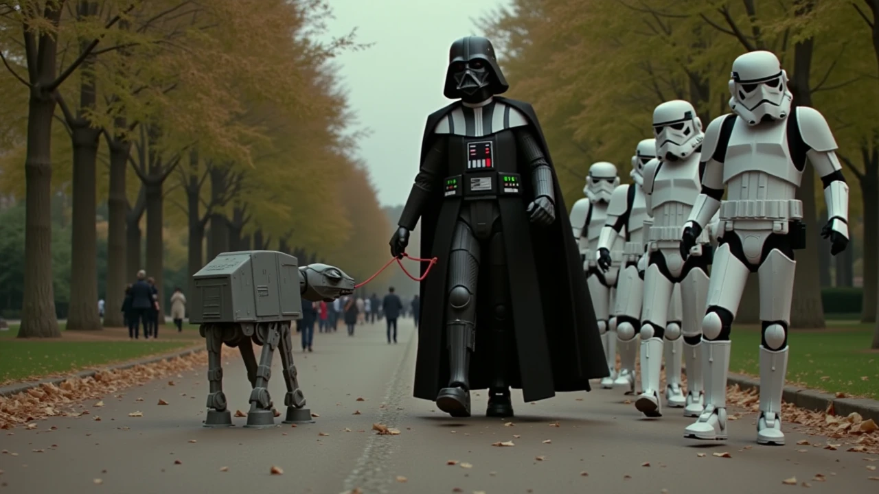 a star wars style,lucasfilm movie still of darth vader walking his small miniature at-at on a leash,at he central park, stormtroopers laughing and pointing in background,<lora:AT-AT:1>, <lora:star wars style v1:1> star wars style