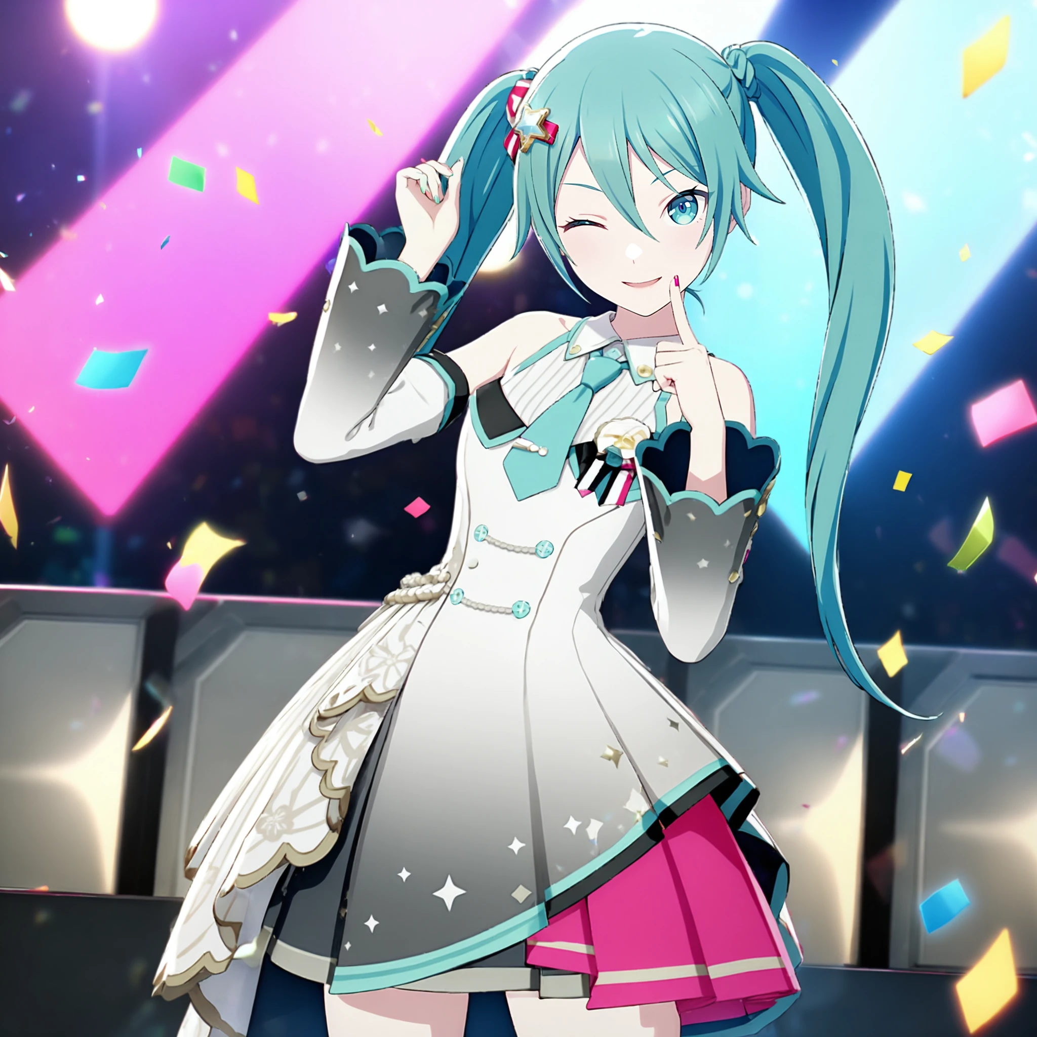 1girl, more more jump! miku, project sekai, masterpiece, very aesthetic, absurdres, official art,
brandnew mmjmiku, green hair , long hair, twintails, aqua eyes,
(lookiing at viewer:1.4), smiling, one eye closed, finger to cheek, index finger raised, cowboy shot, 
idol stage, stage light, neon light, confetti-flurry, psyllium, auditorium is filled with spectator,
<lora:sdxl-vs-BNmmjMiku05:0.85:lbw=0,0,0.2,0.2,0,0.4,0.4,0,0.8,0.8,0,0,0,0.8,0.8,0.6,0.8,0.0,0.0,0.0,0,0,0,0,0,0>