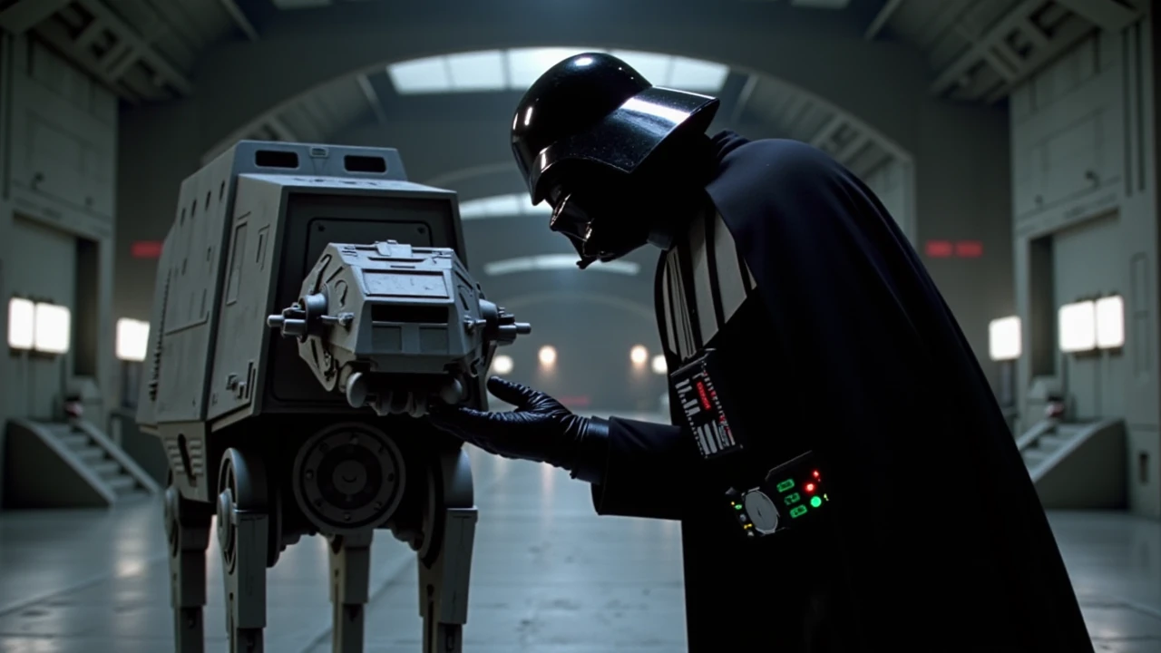 a star wars style,lucasfilm movie still of darth vader petting his small miniature at-at walker,at the spaceship hangar,<lora:AT-AT:1>, <lora:star wars style v1:1> star wars style