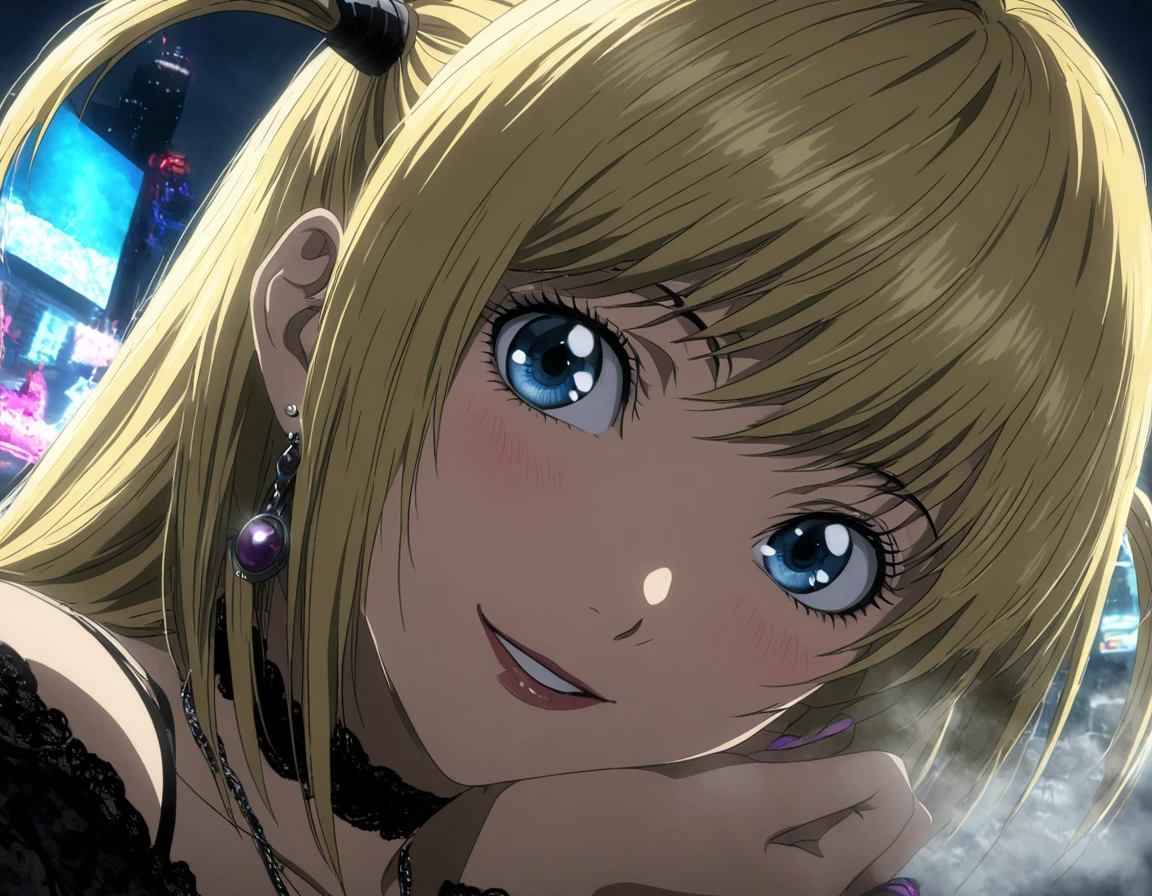 1girl, portrait of Misa Amane, death note, Modern Anime, adult female, From Death Note anime, best quality, 8K, DSLR quality, Bloom Lighting, Good Face, Beautiful Face, Slim, highly detailed,  glow, extreme details, fog, smoke, blond hair, full body, happy, smile, perfect eyes, <lora:perfect-eyes:1>, perfecteyes, eyes reflection, detailed eyes, upper body, hdr quality, full of color, smoke, cinematic, night, moon light, 2010s, windy, hair swaying in wind, purple nail polish, nigh time, blue eyes, grainy, chromatic aberration, adult woman, Depth of field effect, uwu, cute, blush, perfecteyes, eyes reflection, detailed eyes, upper body, shy smile, hdr quality, hands doing cute pose, full of color, smoke, cinematic, in city, times square, no crowd, <lora:misa_amane-step00000862:1>